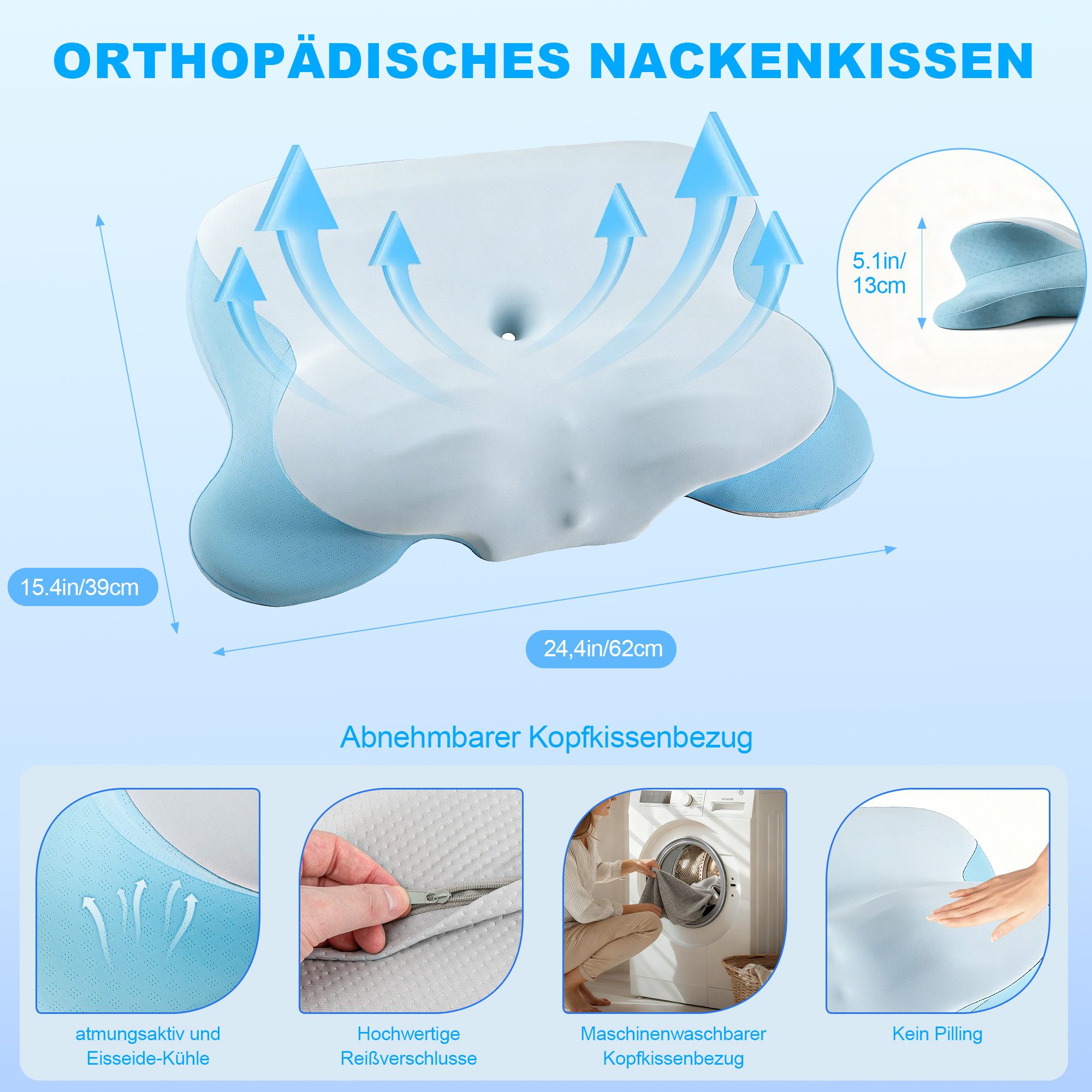 ibettertec Nackenstützkissen Nackenkissen Kopfkissen, Memory Foam Kissen, Stabile Nackenstütze, Füllung: Memory- & Polyetherschaum, Seitenschläfer, Bauchschläfer, Rückenschläfer, Ergonomisches Kissen mit individueller Höhenanpassung, Kühlendes Nackenstützkissen, 4D-Luftzirkulationsstruktur