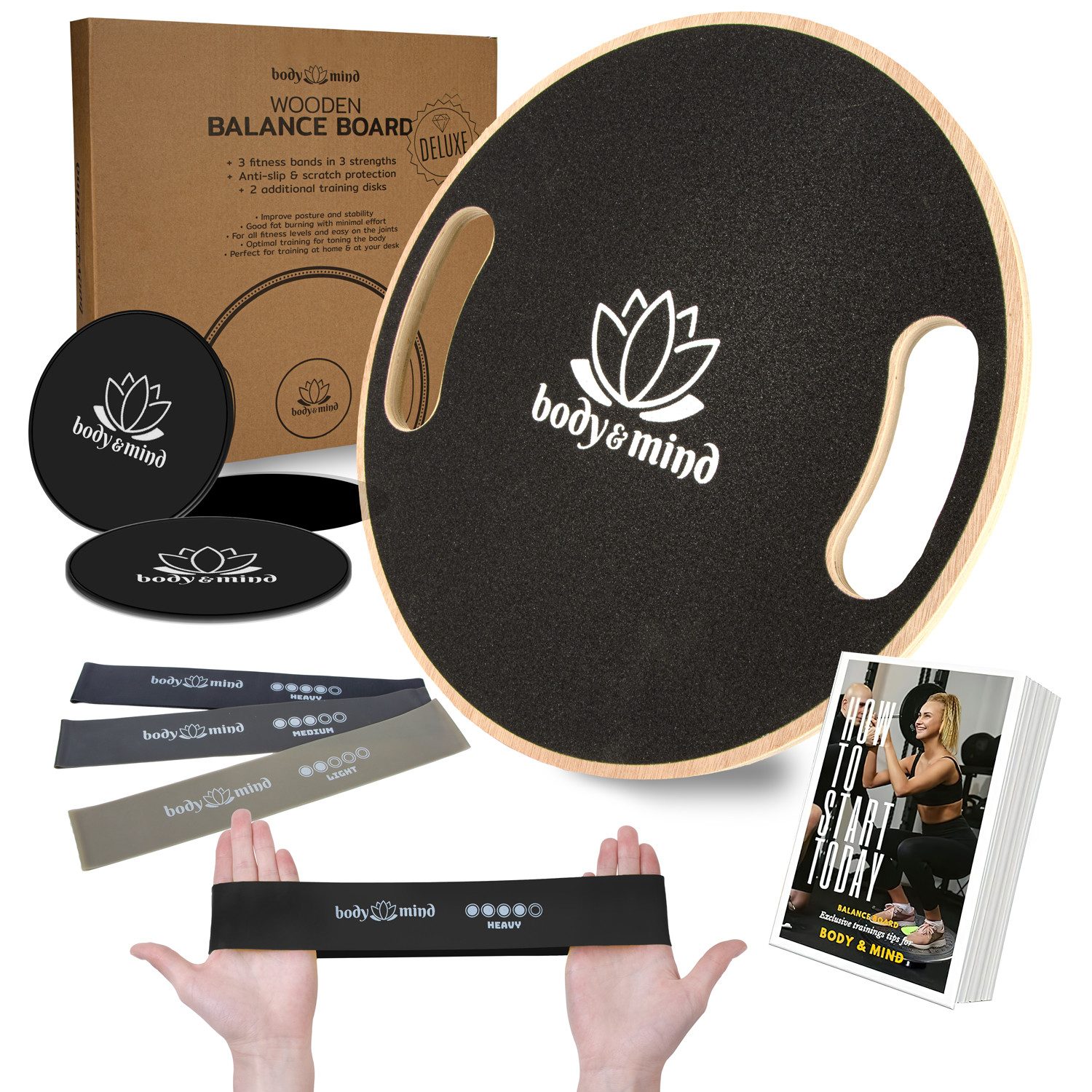 Body & Mind Balanceboard Balance-Board Deluxe – Holz-Balance-Board & Core-Stabilitäts-Board Pro, Gleichgewichtstrainer aus Holz