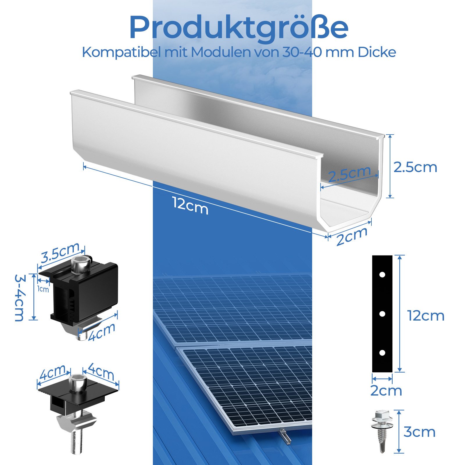 Rhein Beleuchtung Solarmodul-Halterung Balkonkraftwerk Halterung für 2 PV Module – Solarmodul Halterung, (bis 90 Zoll, Set, 6-tlg., 6 Schienen, für Module bis 40 mm, Balkon, Flachdach & PV-Anlagen, Verstellbare Solarpanel Halterung aus Aluminium, rostfrei & stabil)