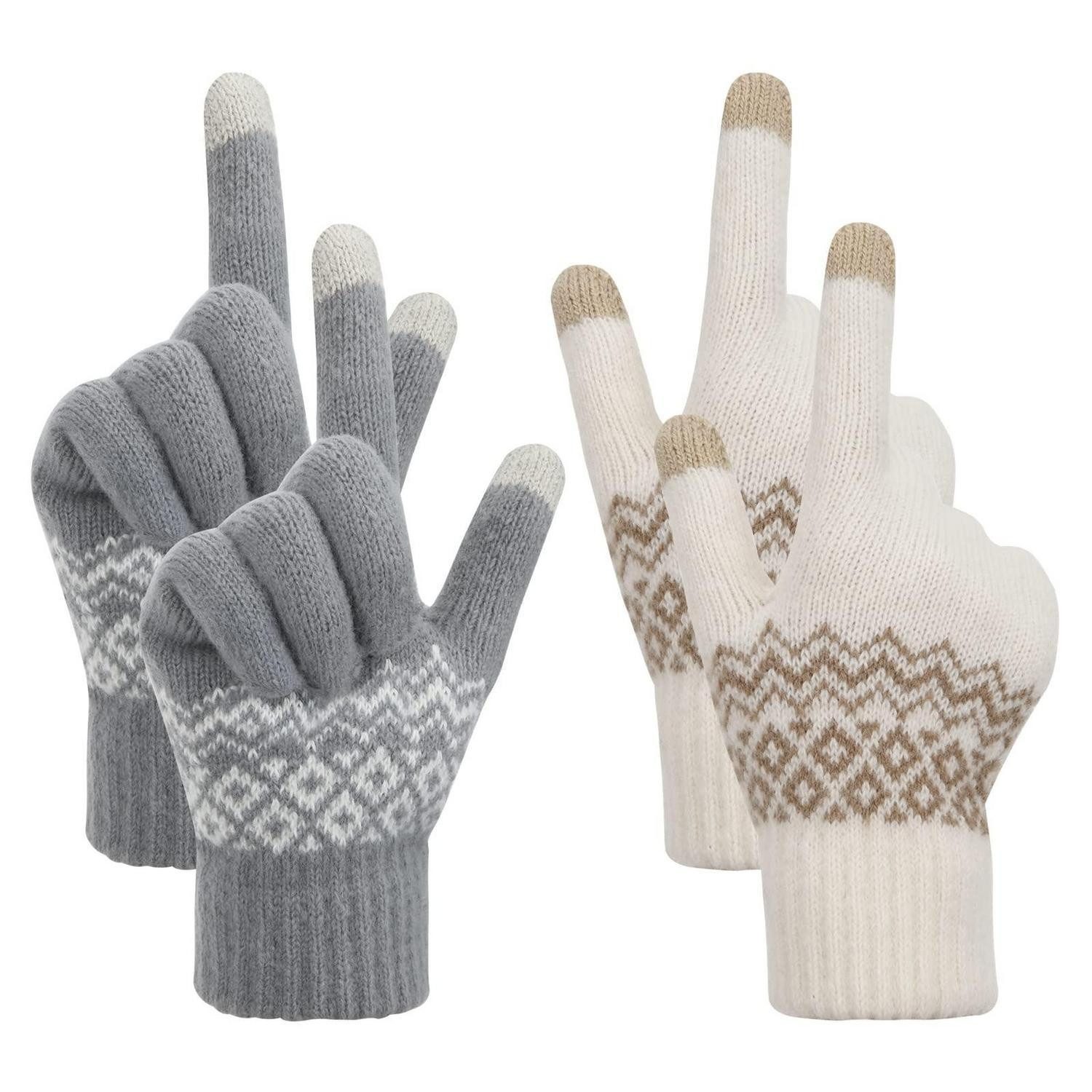 LuxusKollektion Thermohandschuhe Touchscreen Handschuhe Damen 2 Paar Weiß/Grau (2-St)