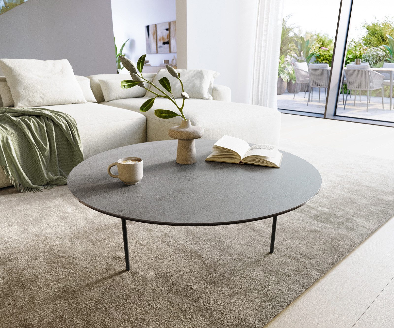 DELIFE Couchtisch Edge, Rund 100x100 cm Keramik Beton Grau Trive Metall Schwarz