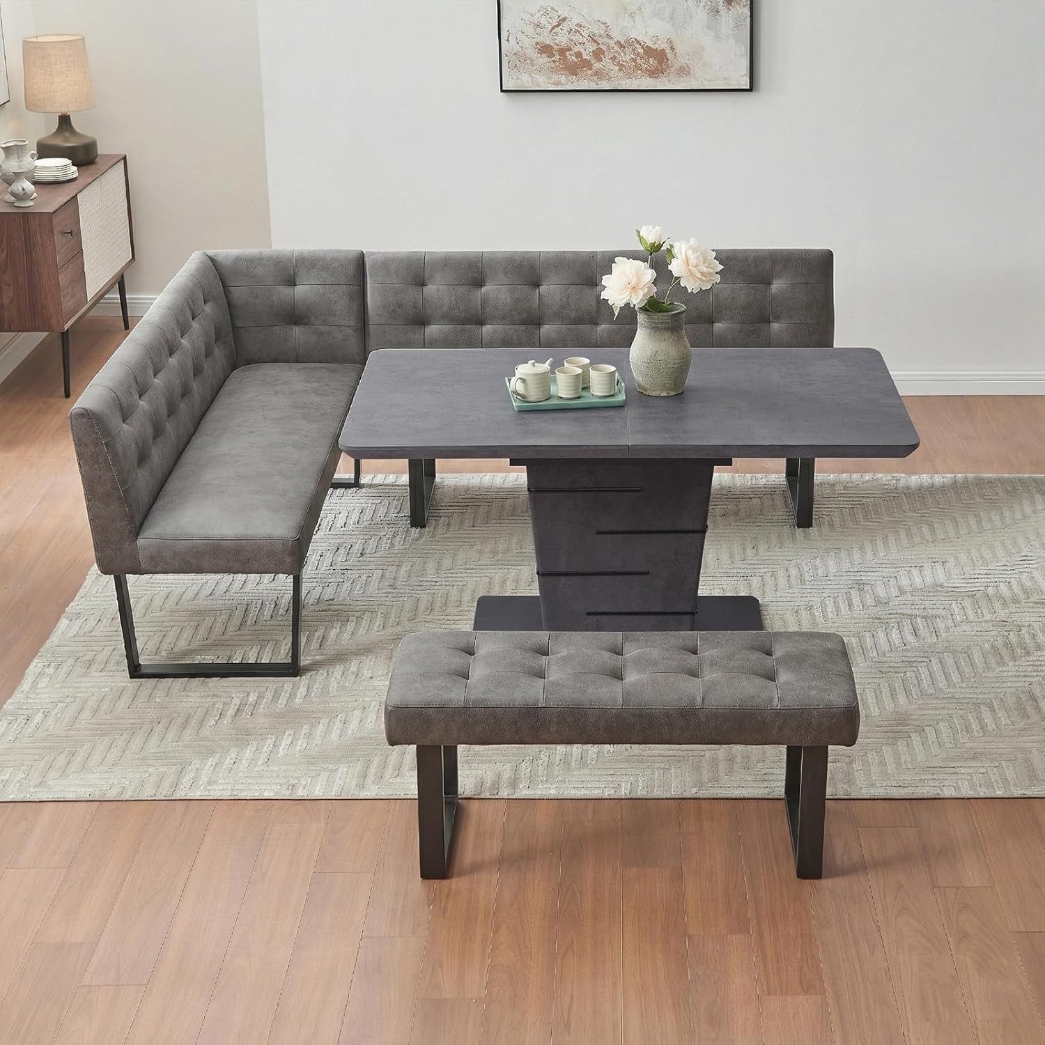 Jiexi Eckbank Ecksofa mit ausziehbarem Esstisch und Bank 228cm dickes Sitzkissen