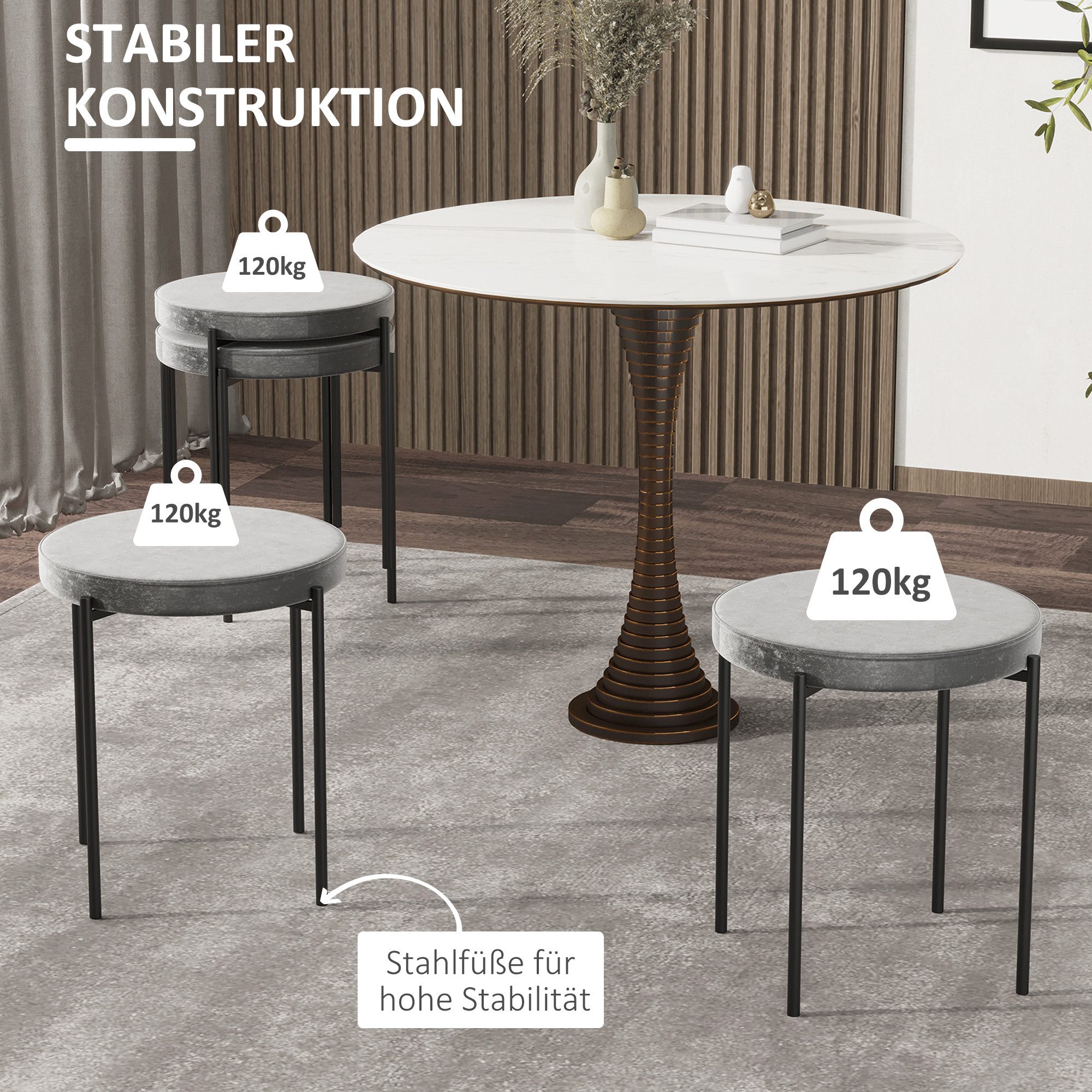 HOMCOM Esszimmerstuhl Stapelhocker Polsterhocker aus Metall Wohnzimmer (Rundhocker, 4 St), für Küche Esszimmer Samt Dunkelgrau 41,5 x 41,5 x 46 cm – Bild 4 von 5