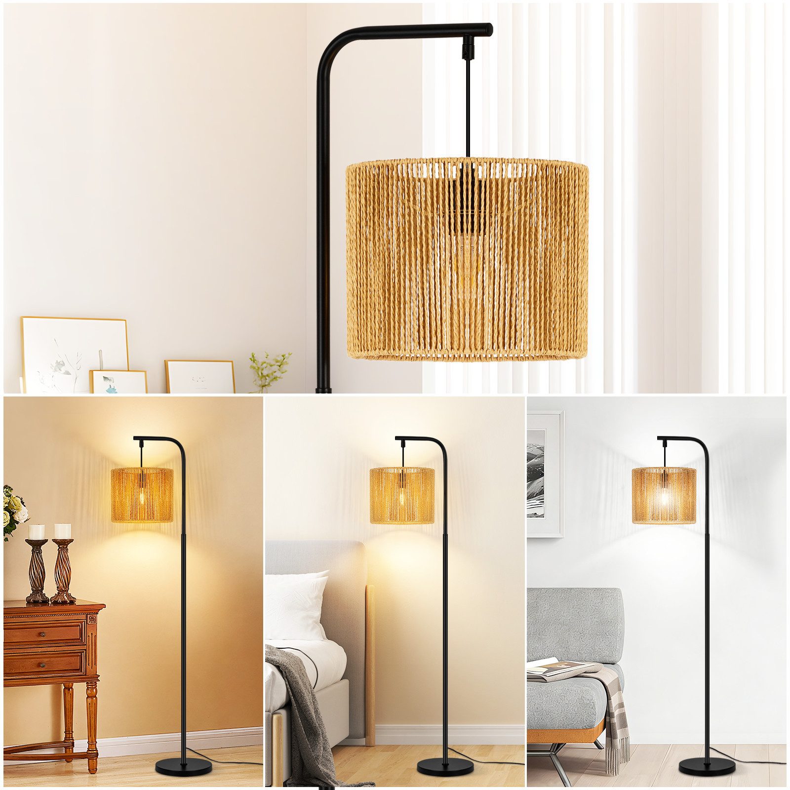 Nettlife Stehlampe Schwarz Vintage rattan Boho Standleuchte Fußschalter 164cm Bogenlampe, ohne Leuchtmittel, Leselampe für Schlafzimmer Terrasse Büro - E27 Fass – Bild 2 von 5