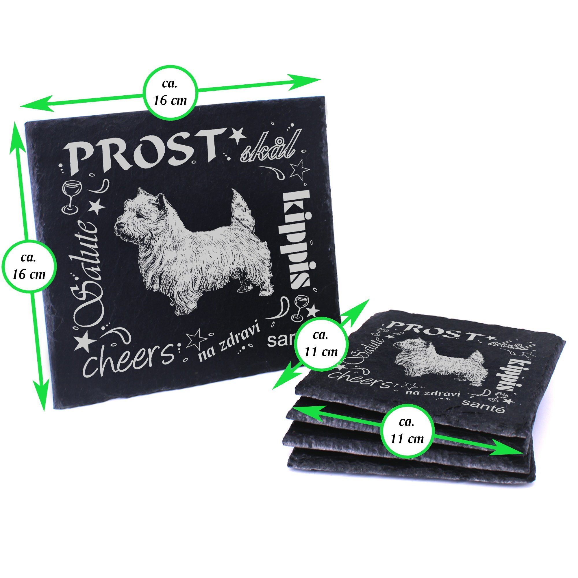 Dekolando Getränkeuntersetzer & - Box Prost White West inkl. 6-tlg. Terrier Flaschenuntersetzer, Highland