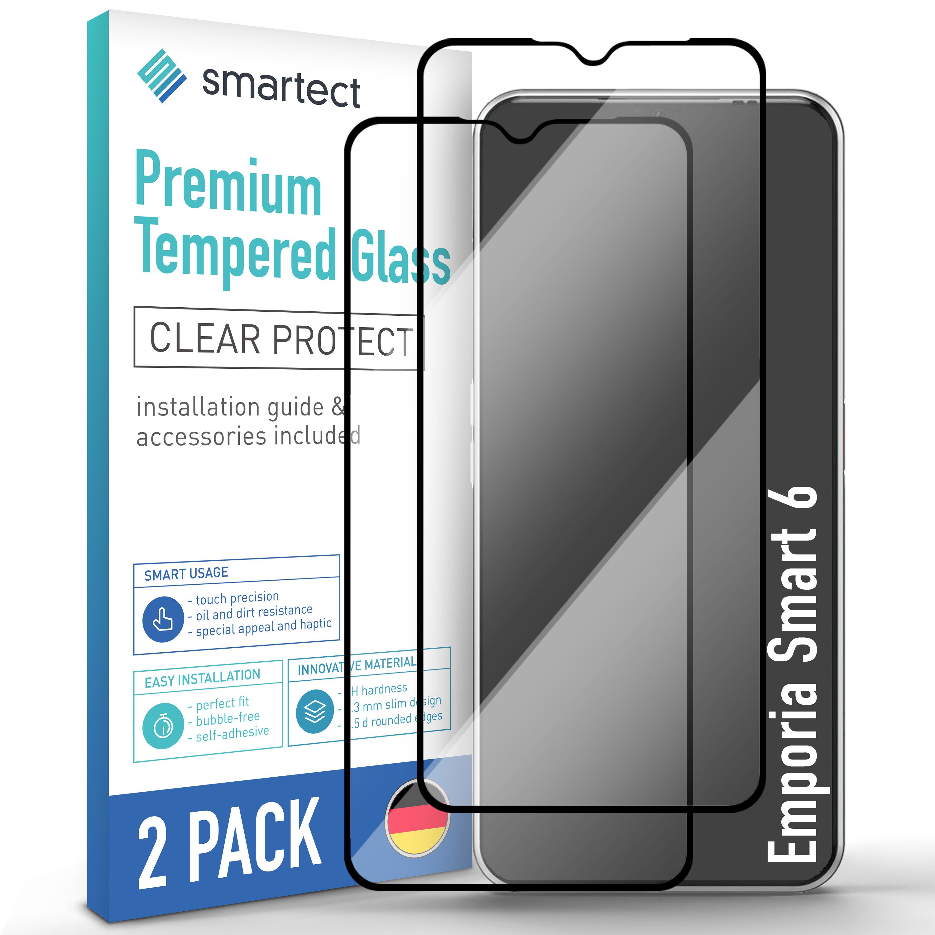 smartect Displayschutzglas Schutzglas Panzerfolie Full Screen für Emporia Smart 6, Set, 2 Stück, Schutzfolie Glasschutz Bildschirm