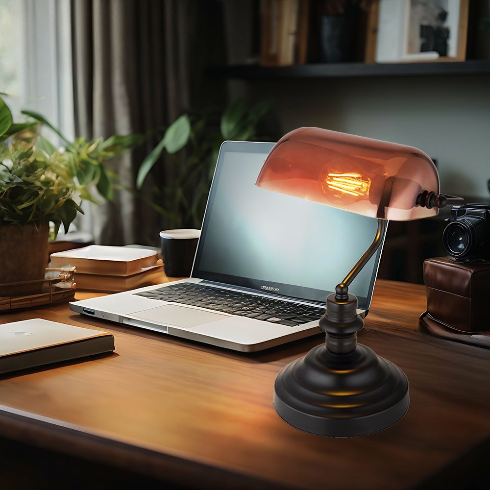 GLOBO LIGHTING Schreibtischlampe, Leuchtmittel nicht inklusive, Tischleuchte Wohnzimmerlampe Metall Glas kupferfarben E27 H 36 cm