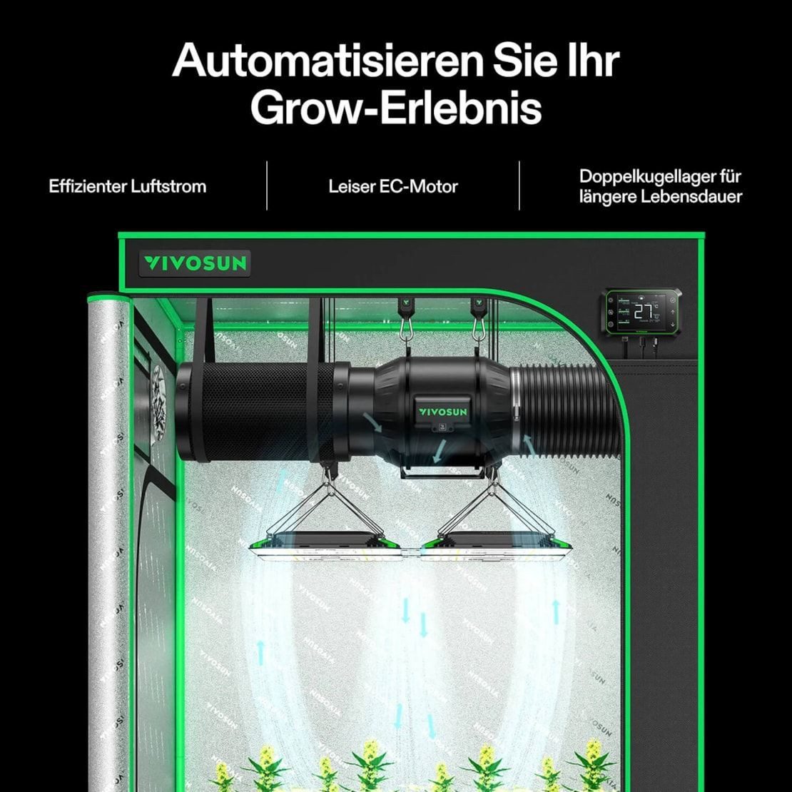 VIVOSUN Ventilatorkombigerät VIVOSUN AeroZesh T-Serie, 15 cm Durchmesser, Smartes Abluft-Set mit GrowHub E42A-Controller und Aktivkohlefilter