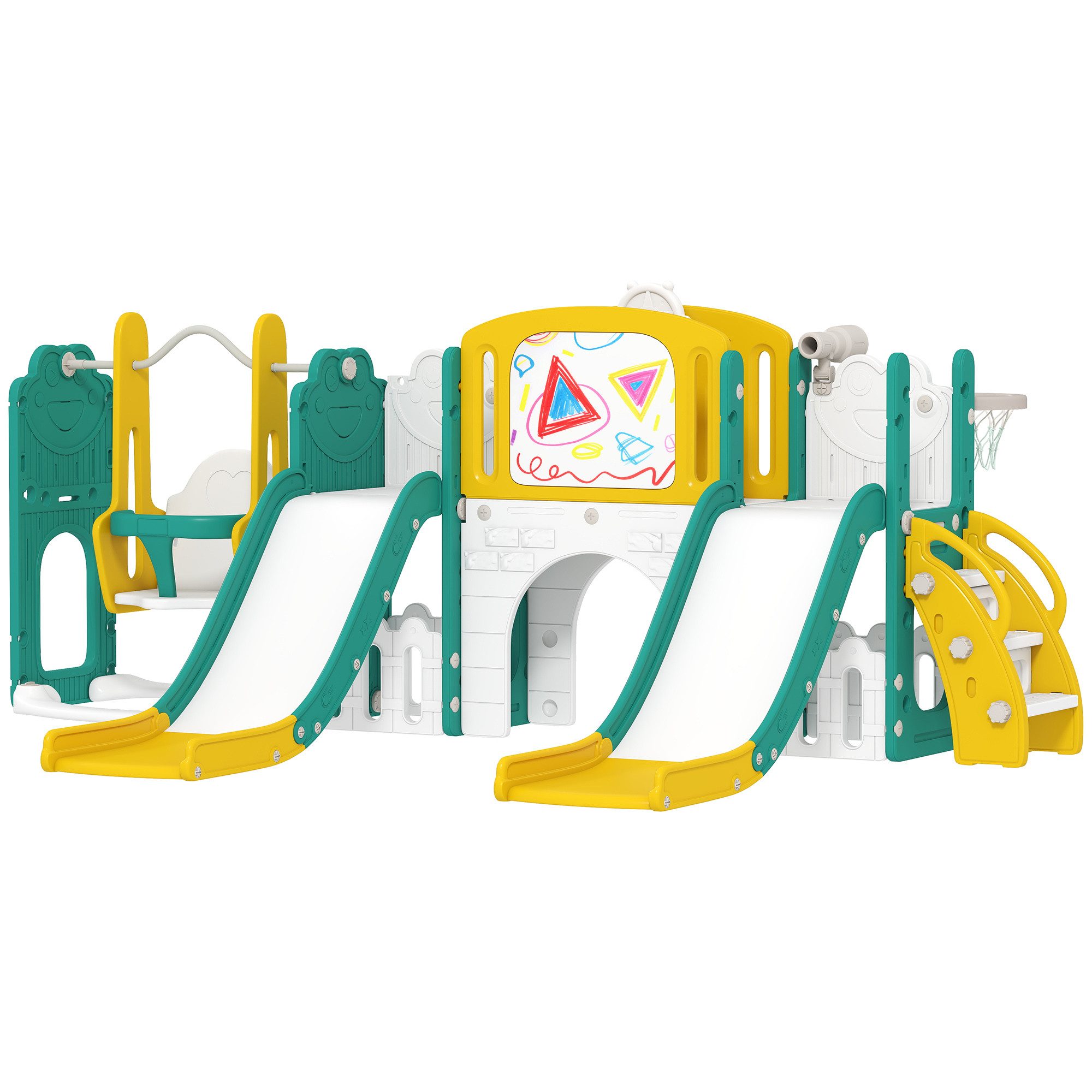 AIYAPLAY Rutsche Klettergerüst 9 in 1 Babyrutsche mit Basketballkorb, Tunnel, (Spielplatz, 1-tlg., 9 in 1 Kleinkind Rutsche), Froschmotiv Indoor Outdoor für 1-3 Jahre