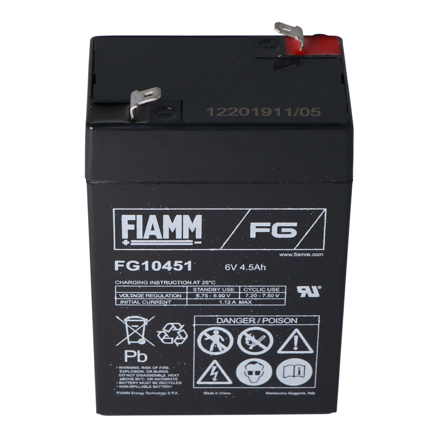 Fiamm Fiamm FG10451 Blei Akku 6 Volt 4,5Ah 3FM4.5, passend für Leoch DJW6-4 Akku 4500 mAh (6,0 V)