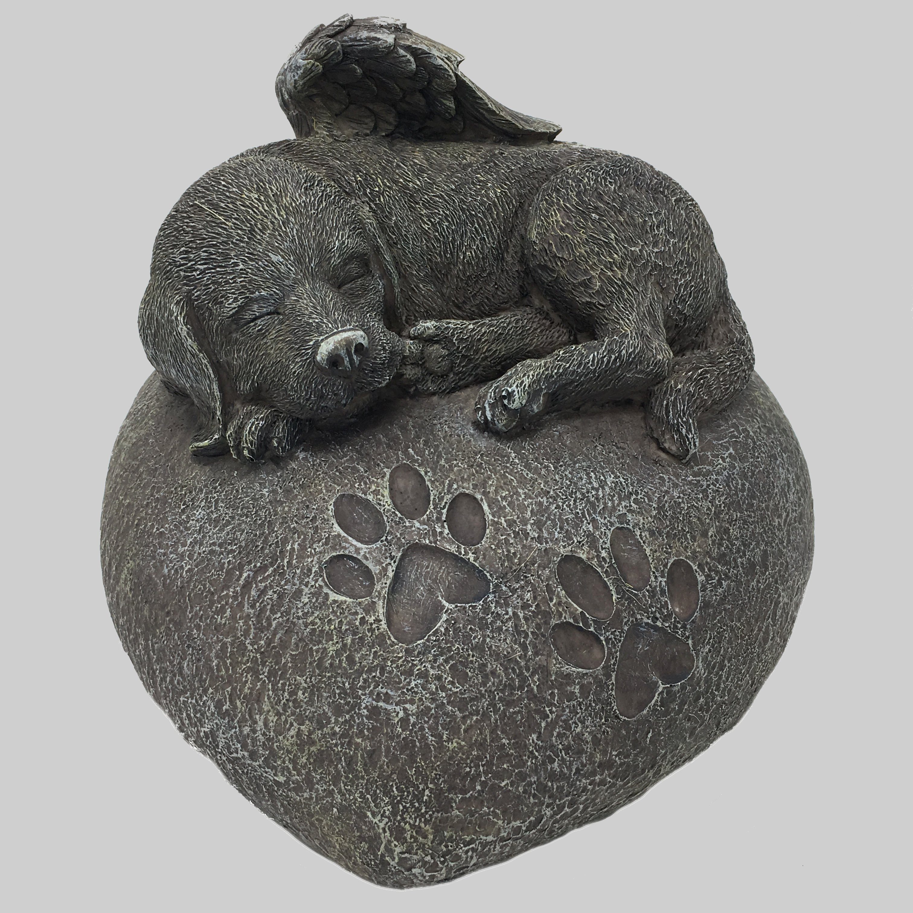 MystiCalls Dekofigur Urne Herz, auf Hunde-Engelfigur als Hunde grau Hundeurne Tierurne