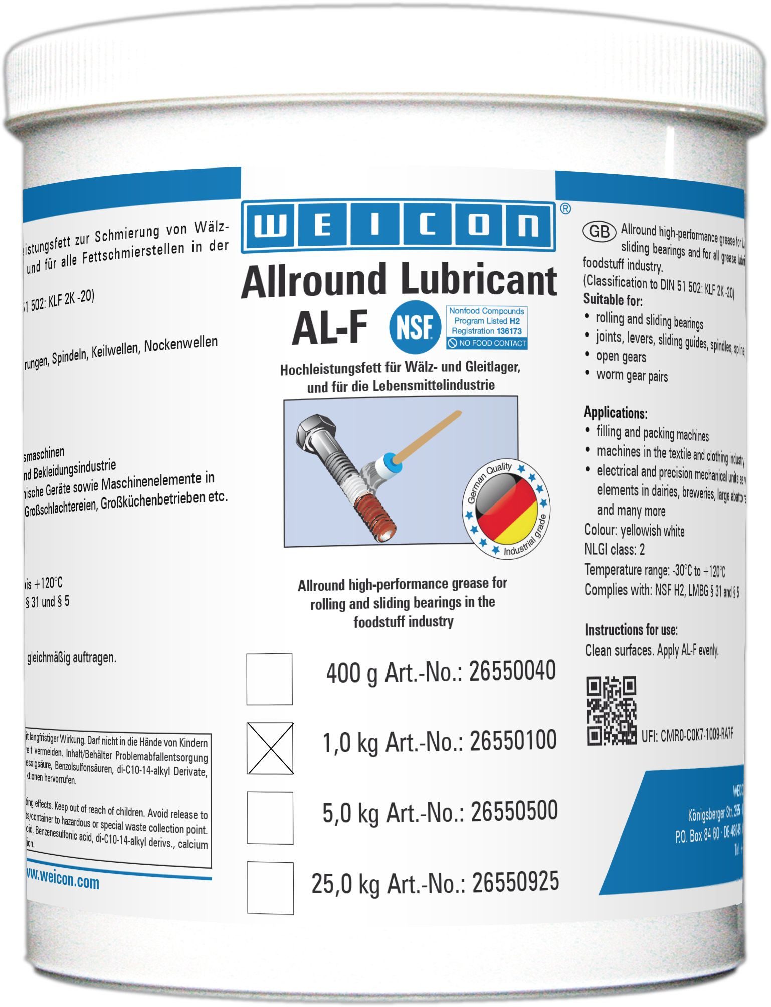 WEICON Schmierfett AL-F Hochleistungsfett, 1000 g, (Eimer), Allroundhochleistungsfett, NSF-Zulassung, Schmierung