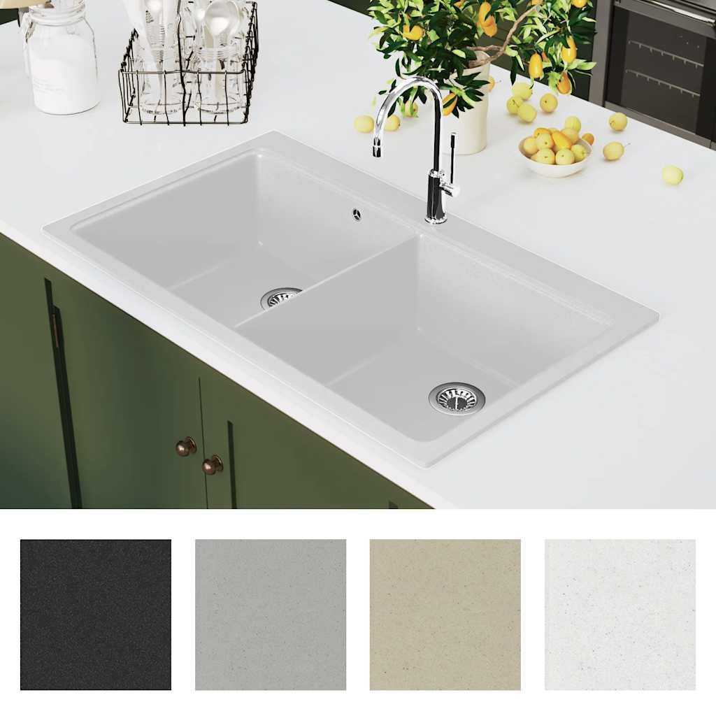 vidaXL Granitspüle Granitspüle Doppelbecken Weiß, 51/86 cm