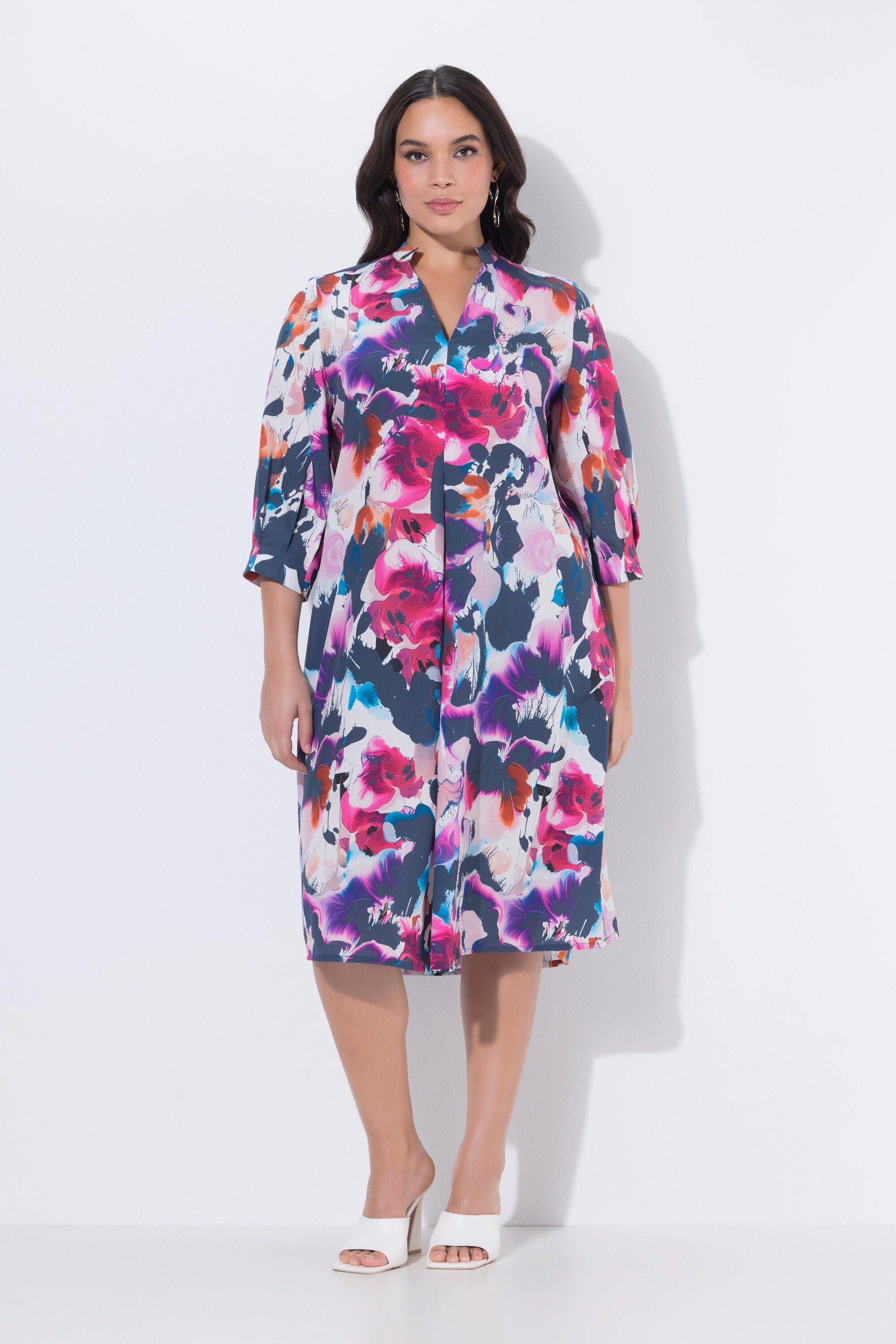 Ulla Popken Midikleid Lyocell-Midikleid Aquarell A-Linie V-Ausschnitt