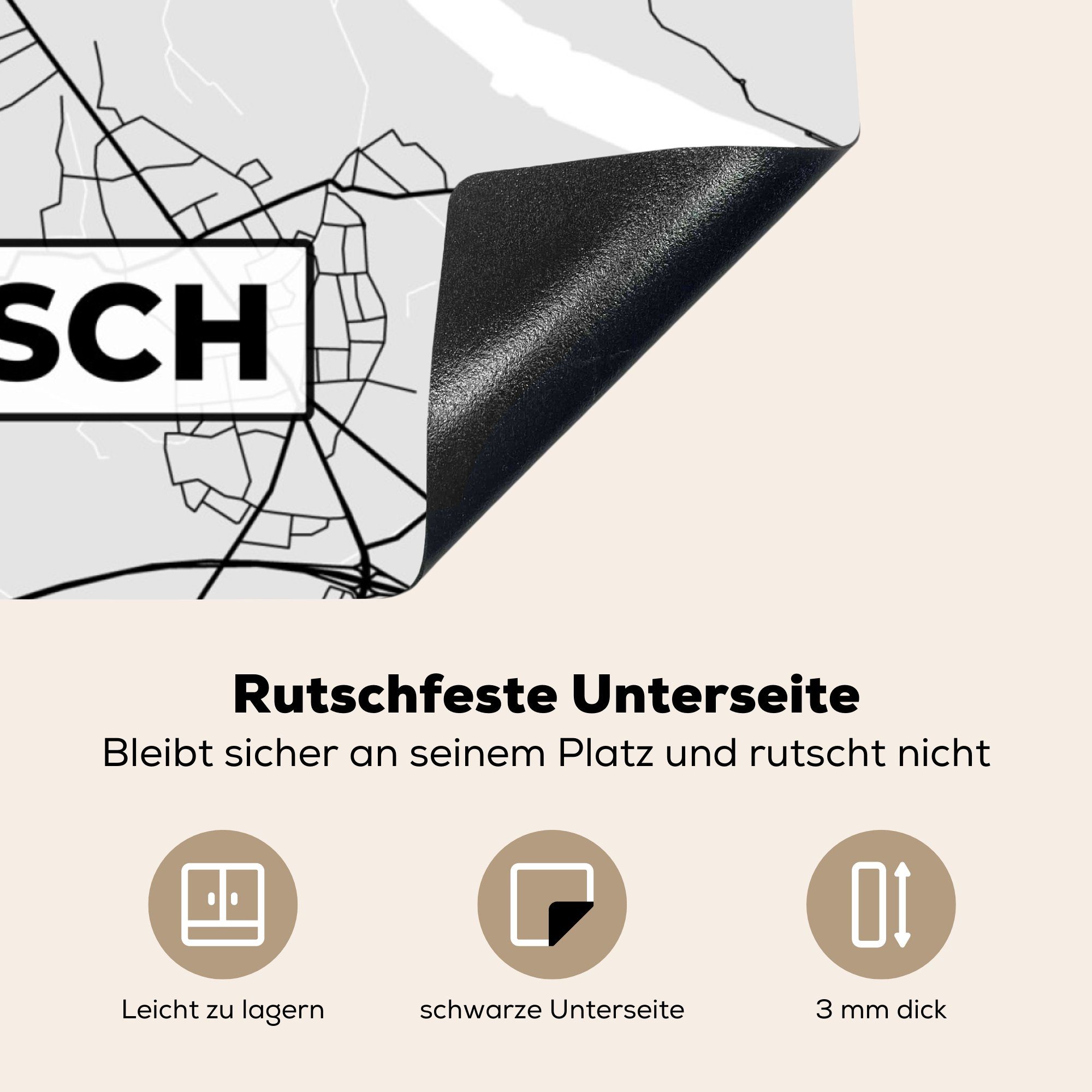 cm, Meerbusch, Herdblende-/Abdeckplatte Karte küche Vinyl, - MuchoWow Arbeitsplatte 78x78 - Ceranfeldabdeckung, für Stadtplan tlg), - Deutschland (1
