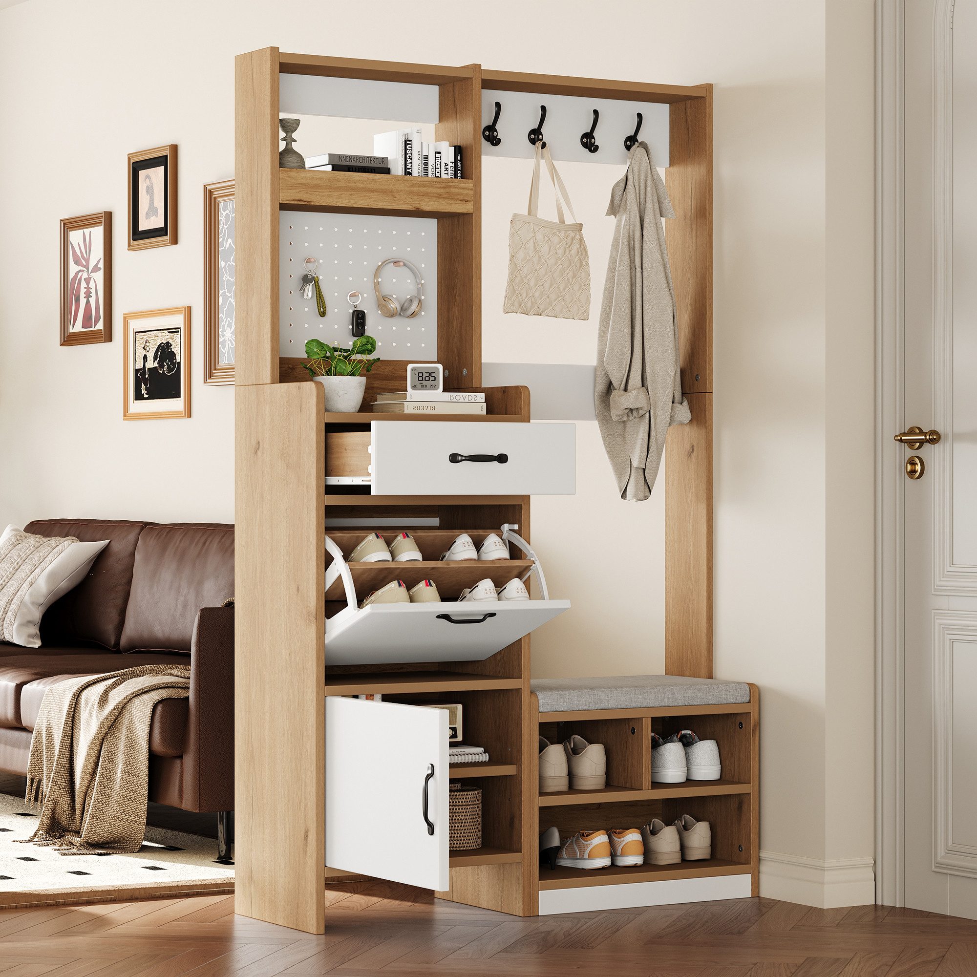 Merax Garderoben-Set in Naturholzoptik, Kompaktgarderobe mit Pegboard, (1-St., B108.5 × T35 × H180 cm), Flurgarderoben mit Schuhbank, 4 Kleiderhaken, Schublade & 2 Türen