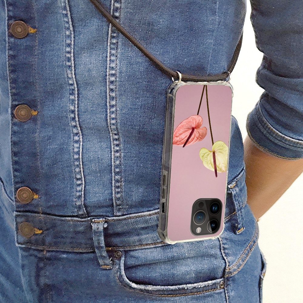 MuchoWow Handyhülle für Apple iPhone 14 Pro Blumen - Anthurien - Gelb - Rosa, Tragbare Handyhüllen mit Kette zum umhängen, Handykette Handyband