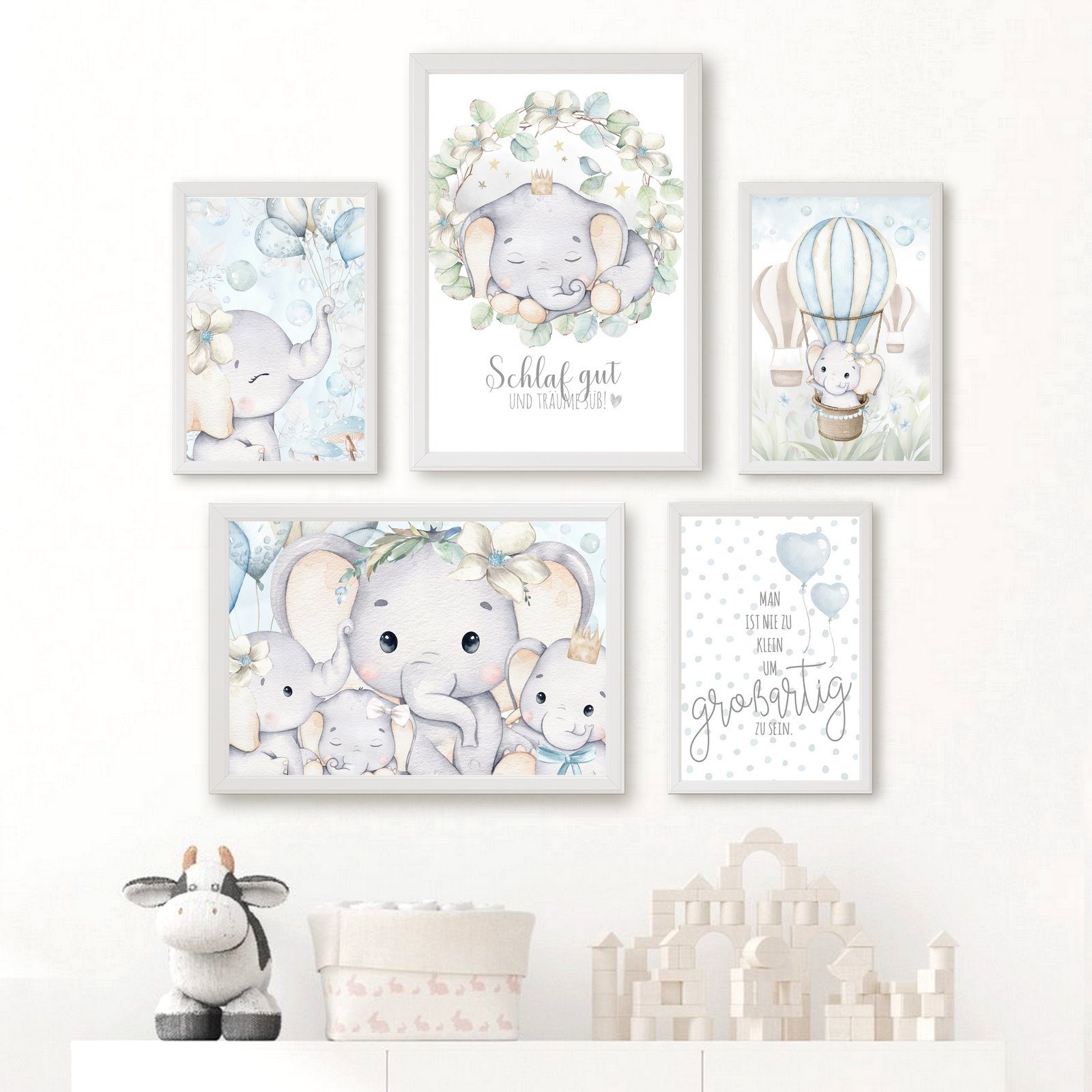 homestyle-accessoires Poster Kinderzimmer Bilder Bilderset SCHLAF GUT UND TRÄUME SÜSS - ELEFANTEN, (5 St), - Ohne Bilderrahmen - sorgfältige & sichere Verpackung