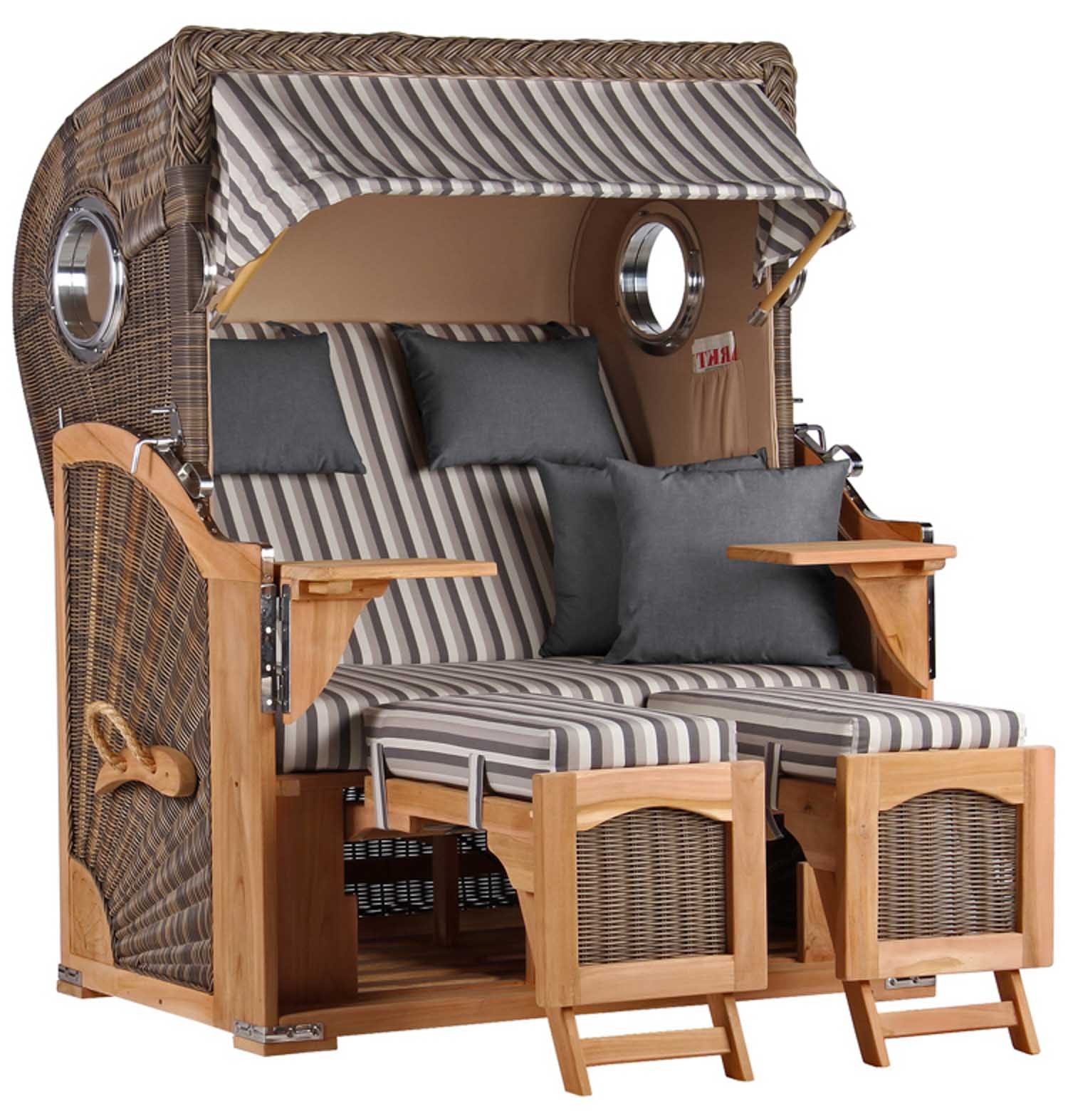 MR.DEKO Strandkorb Düne Bullauge Teak PE Grey Dessin 545, BxTxH: 125x80x170 cm