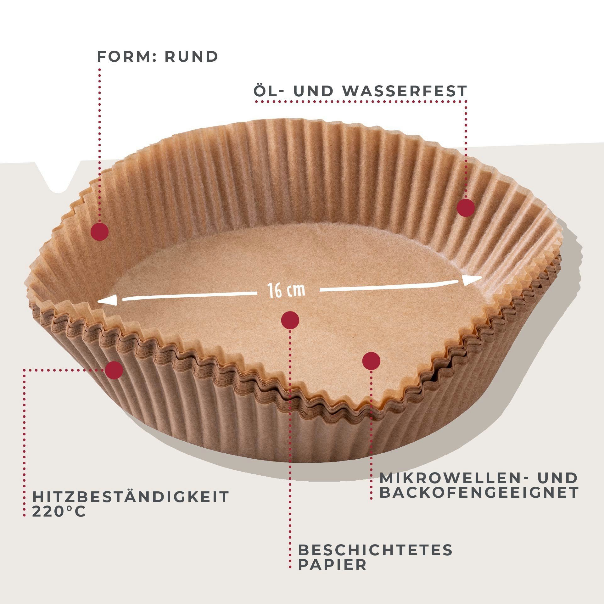 FACKELMANN Backpapier für Heißluftfritteuse, Rundes Backpapier, Einweg-Backformen