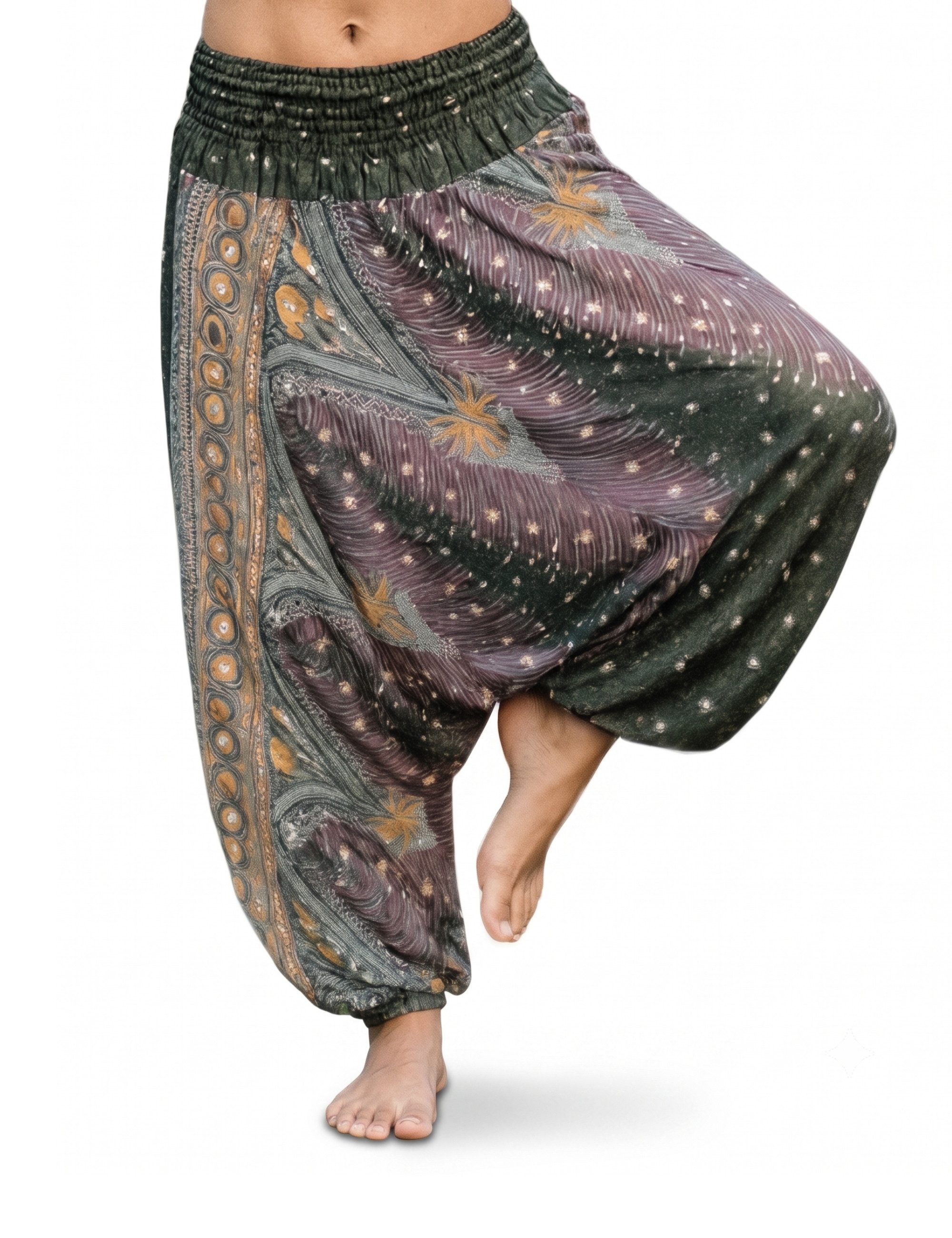 PANASIAM Haremshose Aladinhose im schönen Peacock Design Haremshose aus 100% natürlicher Viskose auch als Overall tragbar Damen Pumphose bequeme Freizeithose