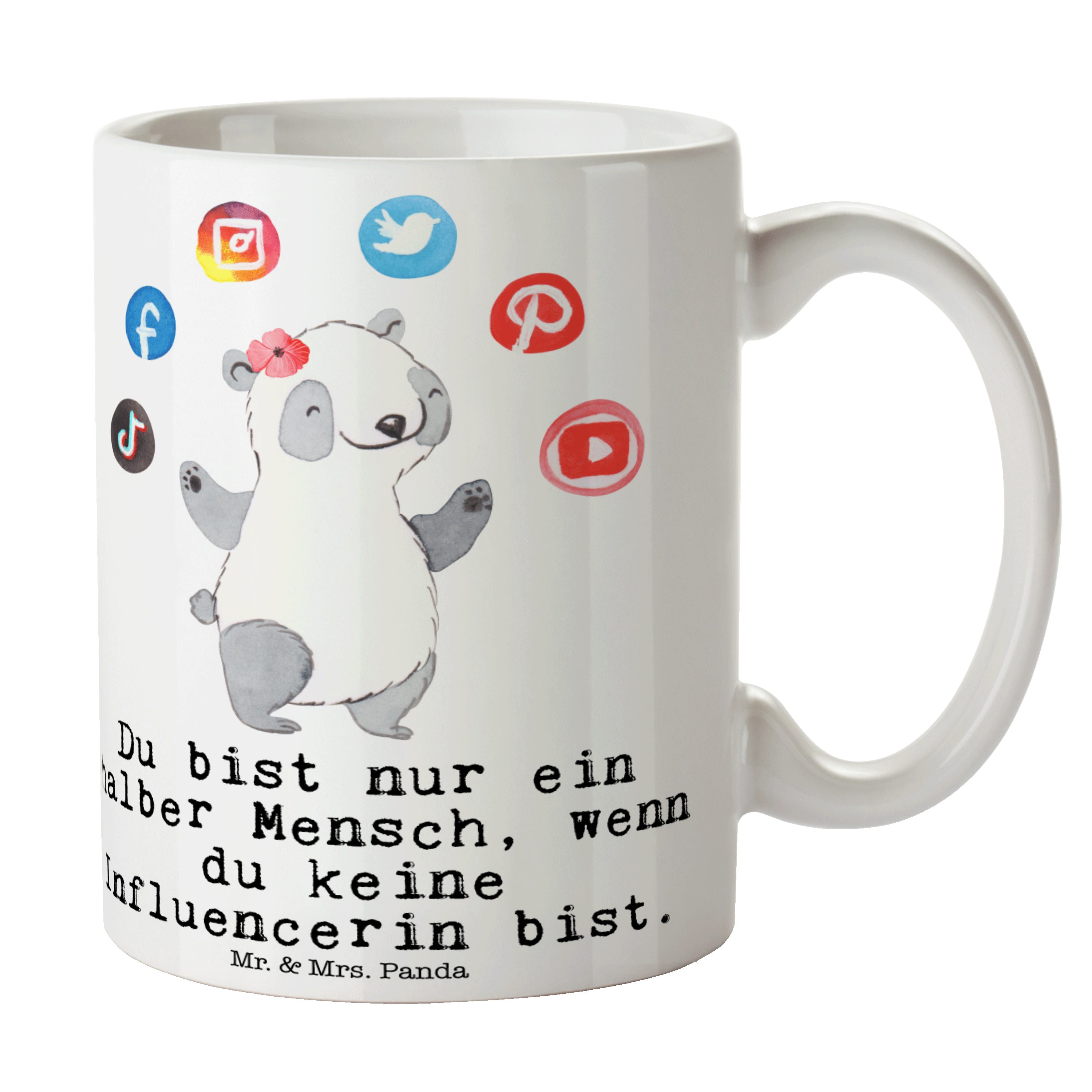 Mr. & Mrs. Panda Tasse Influencerin mit Herz - Weiß - Geschenk, Abschied, Kollege, Teetasse, Keramik