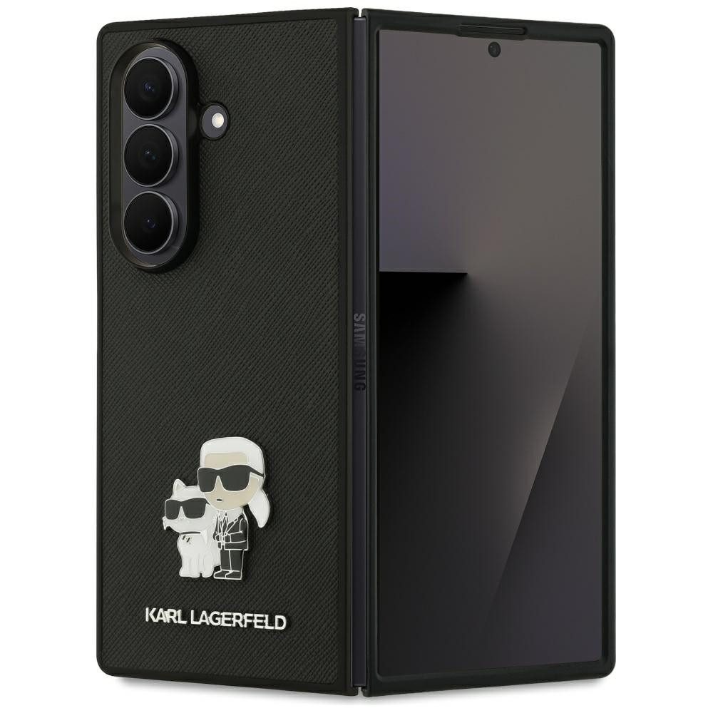 KARL LAGERFELD Handyhülle Schutzhülle Rückschale Handyschutz, Saffiano-Kunstleder, Metall-Emblem, erhöhte Kanten