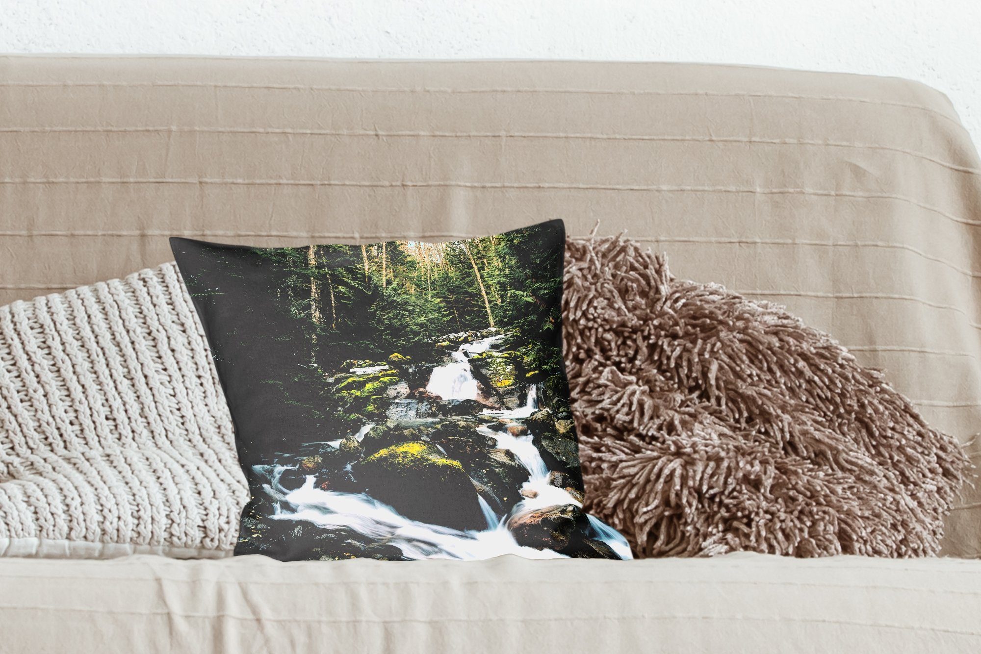 MuchoWow Dekokissen - Sofakissen Wasserfall mit Herbst, - Füllung Deko, Natur Bäume - Wohzimmer, für Zierkissen Schlafzimmer