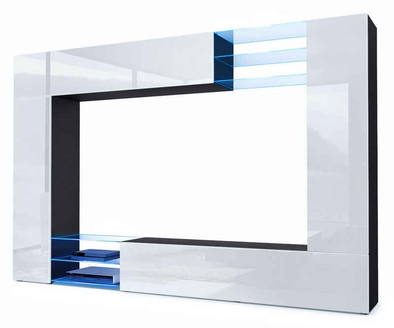 Vladon Wohnwand Mirage, (Anbauwand mit Rückwand mit 2 Türen, 4-St., 2 Klappen und 6 offenen Glasablagen), Schwarz matt/Weiß Hochglanz, inkl. LED-Beleuchtung (262 x 183 x 39 cm)