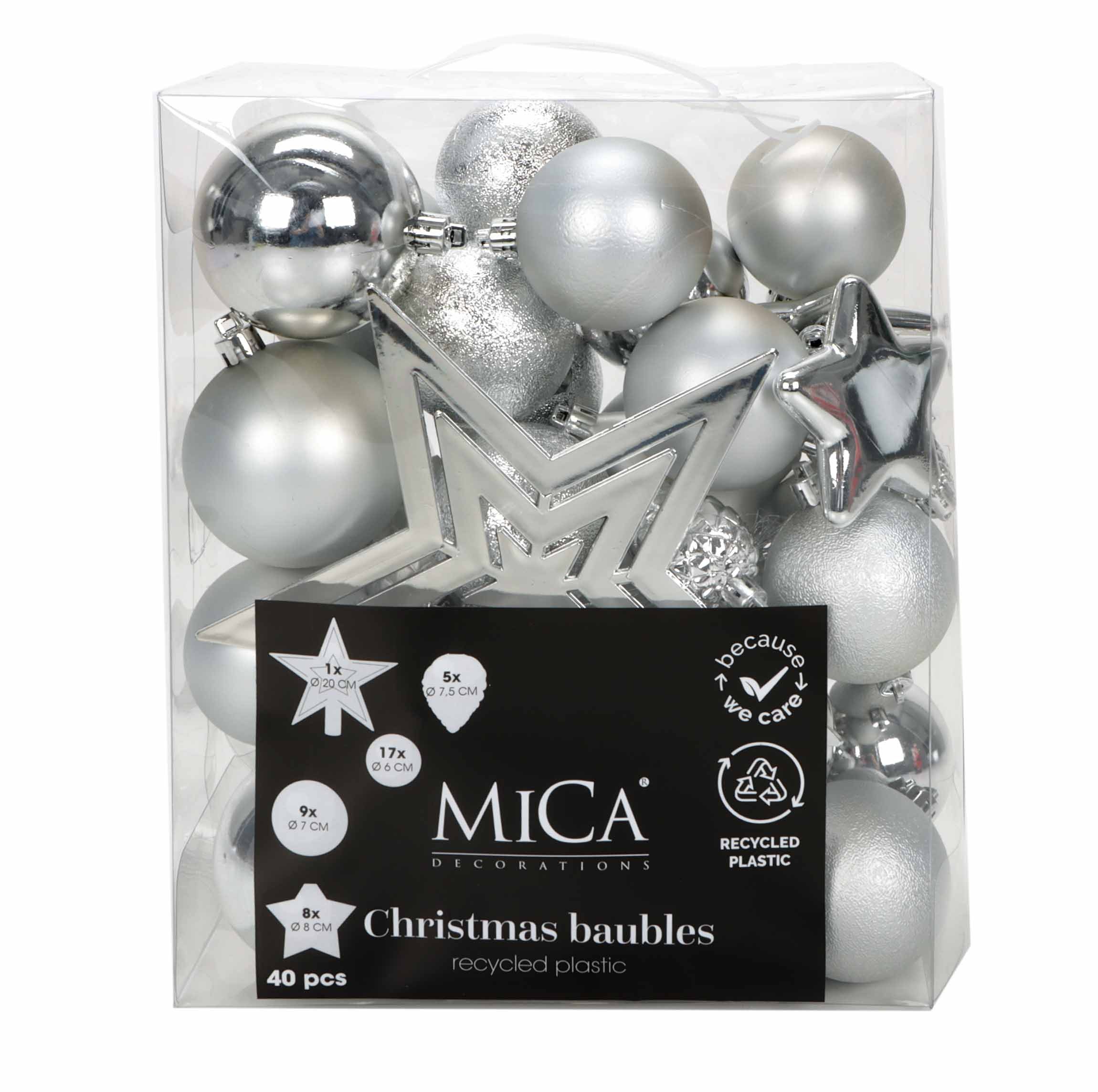Mica Decorations Weihnachtsbaumkugel 40-teiliges Set in Glänzend, Matt und Gefrostet (40 St), Baumschmuck Weihnachtskugeln Baumspitzenstern Zapfen Sterne in silber