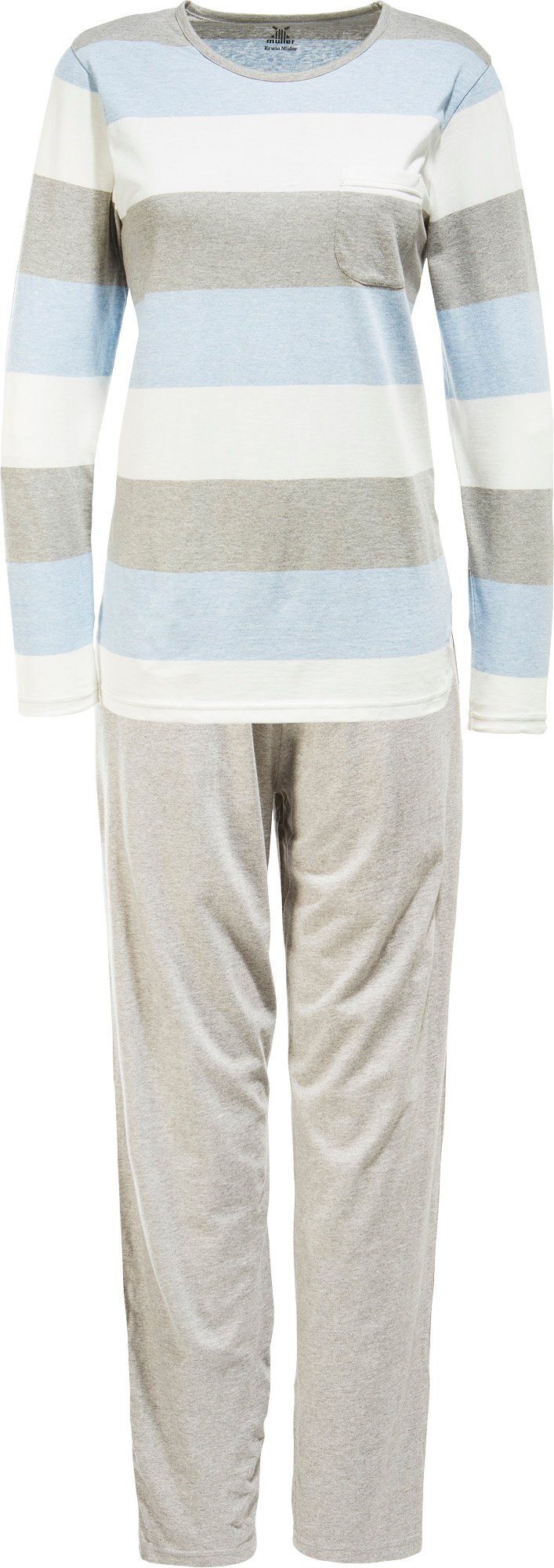 Erwin Müller Pyjama Damen-Schlafanzug Single-Jersey Streifen hellblau