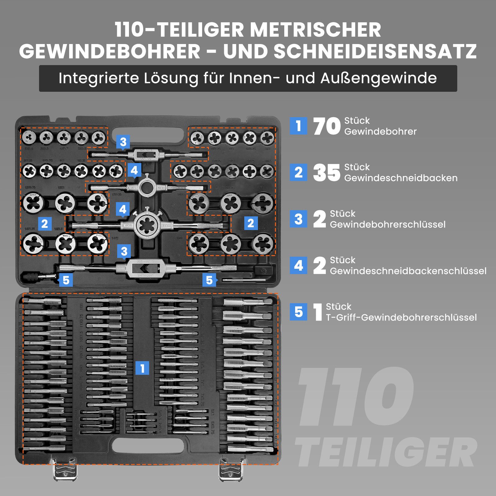 Walter Stahl Germany control Gewindeschneider 110-tlg Gewindeschneider Set mit Werkzeugkasten, Set, 110-tlg., Vielseitiges Werkzeugset, für DIY Reparaturen, Maschinenreparaturen und Teilebearbeitung