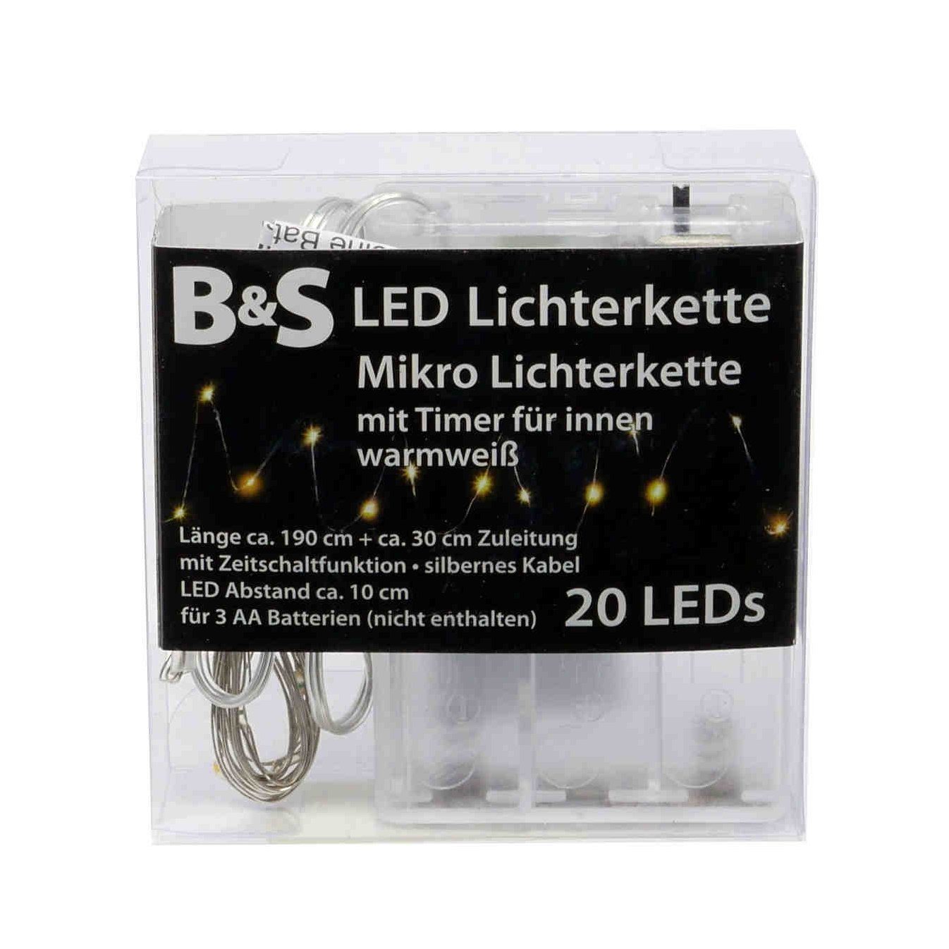 B&S LED-Lichterkette LED Batterie Mikro Lichterkette mit 20 LEDs warmweiß Innenbereich