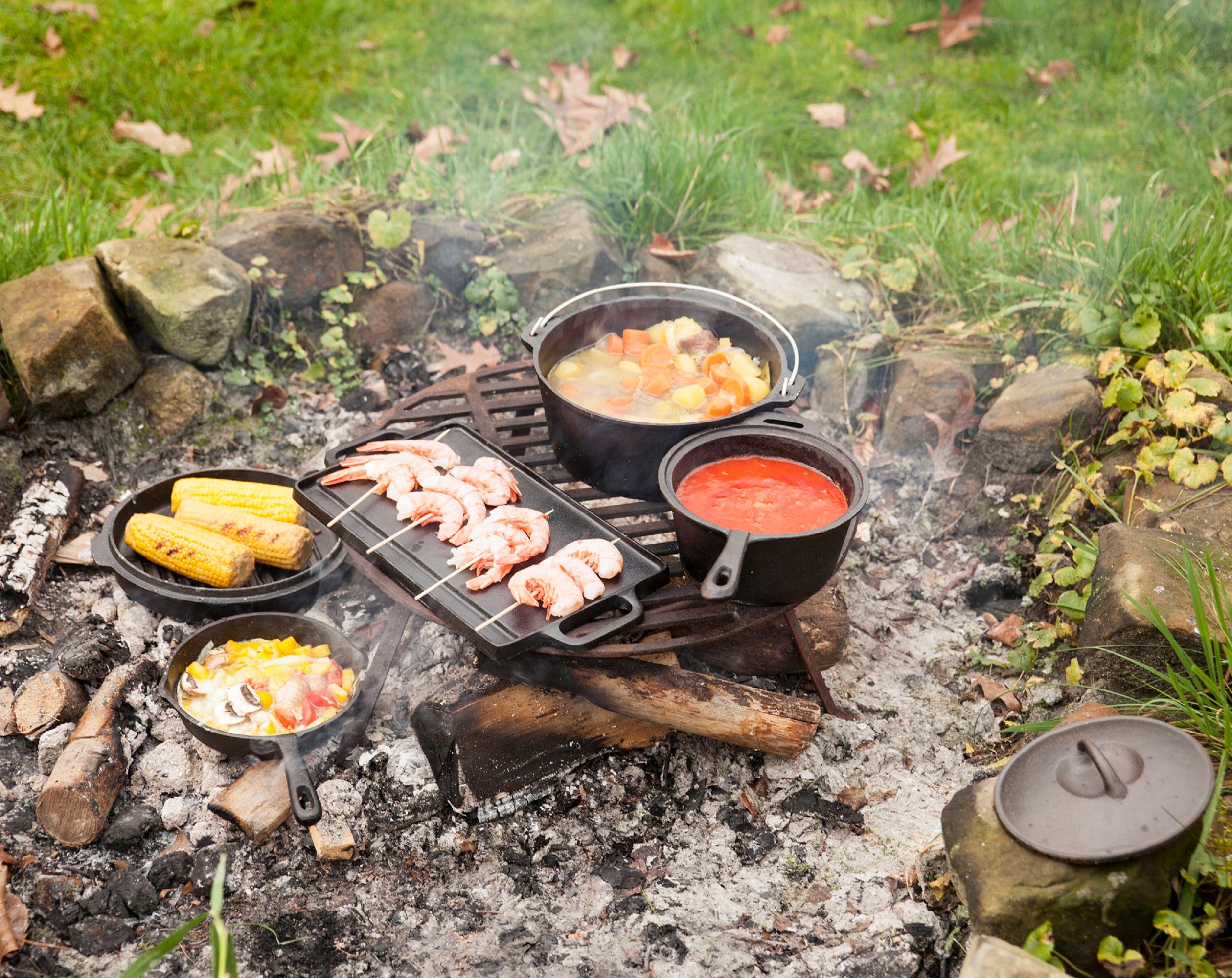 esschert design Feuerschale Dutch Oven 7er Set Koch Topf Grill Pfanne Deckel Holz Box Kiste Guss, (1 Set Dutch Oven)