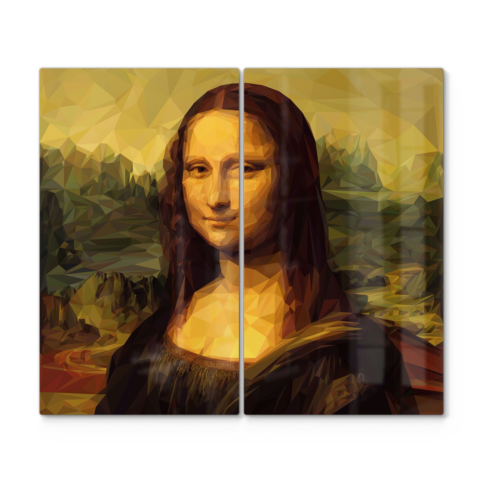 DEQORI Herdblende-/Abdeckplatte 'Mona Lisa im Polygon Stil', Glas, (2 tlg), Glas Herdabdeckplatte Ceranfeld Herd