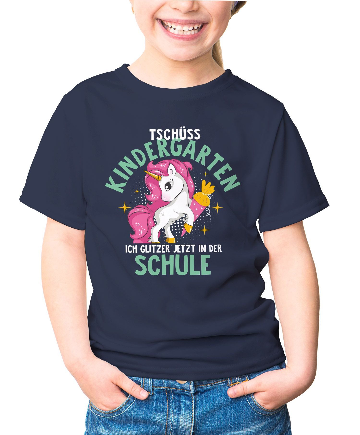 MoonWorks Print-Shirt Kinder T-Shirt Mädchen Schulkind Tschüss Kindergarten ich glitzer
