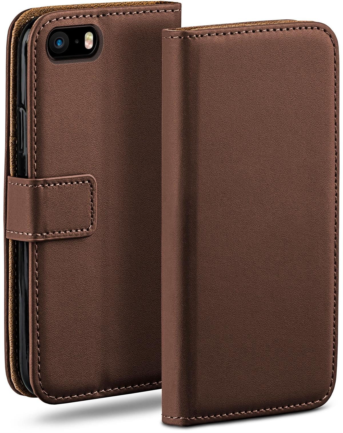 moex Handyhülle für iPhone SE (2016) Hülle Klappbar Book Case Dunkelbraun 4 Zoll, Klapphülle Kartenfach Flip Cover Handytasche Leder Optik Schutzhülle