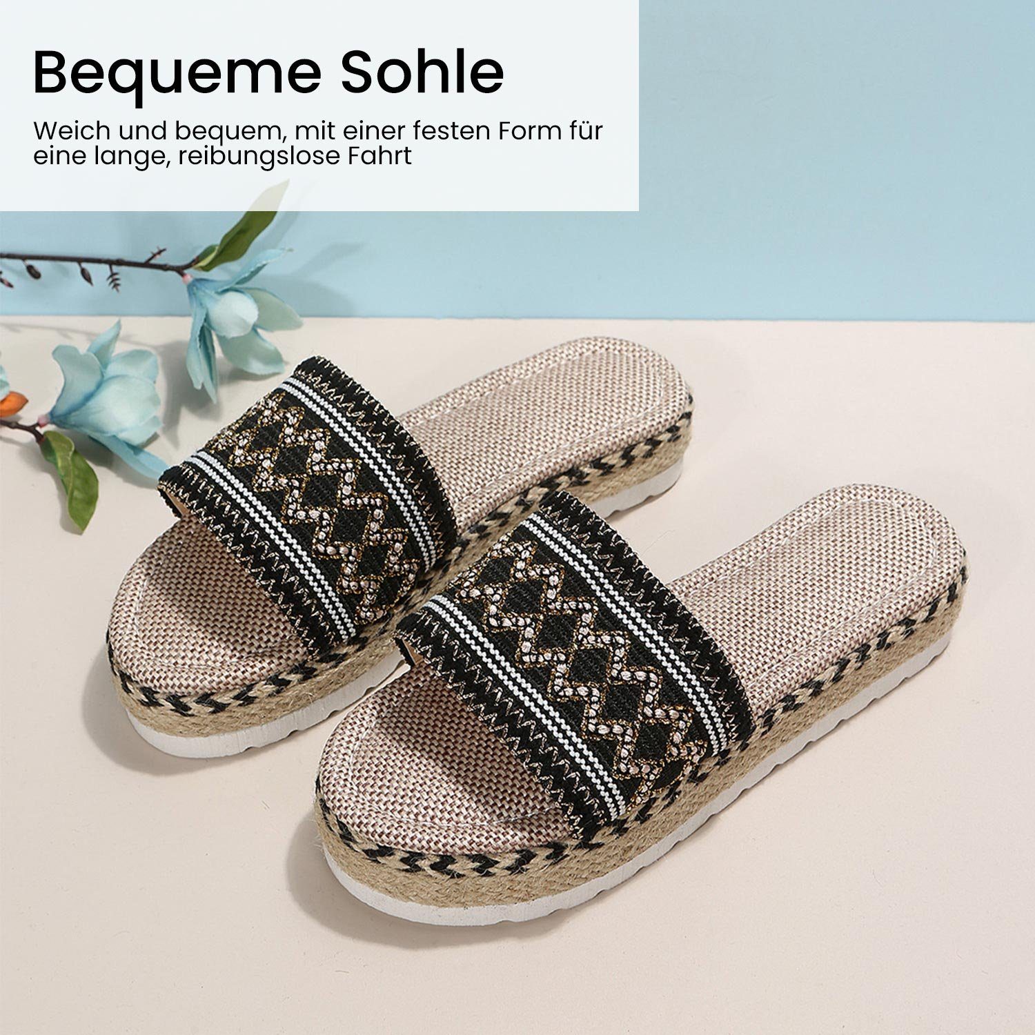 MAGICSHE römischer Hanfseil Strandpantoffeln schwarz Pantolette Lässige Stil weben