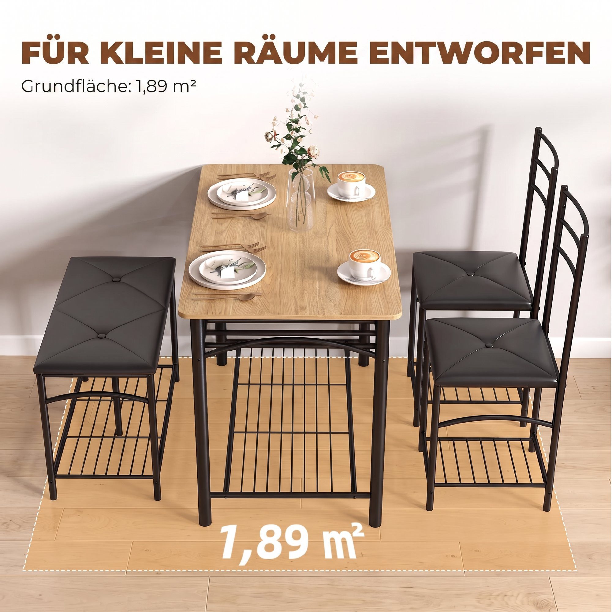 HOMCOM Essgruppe Esstisch-Set für kleine Räume, (Set, 4-tlg., 1 Tisch, 2 Stühle, 1 Bank), Platzsparend mit Ablage und Stauraum – Bild 5 von 5
