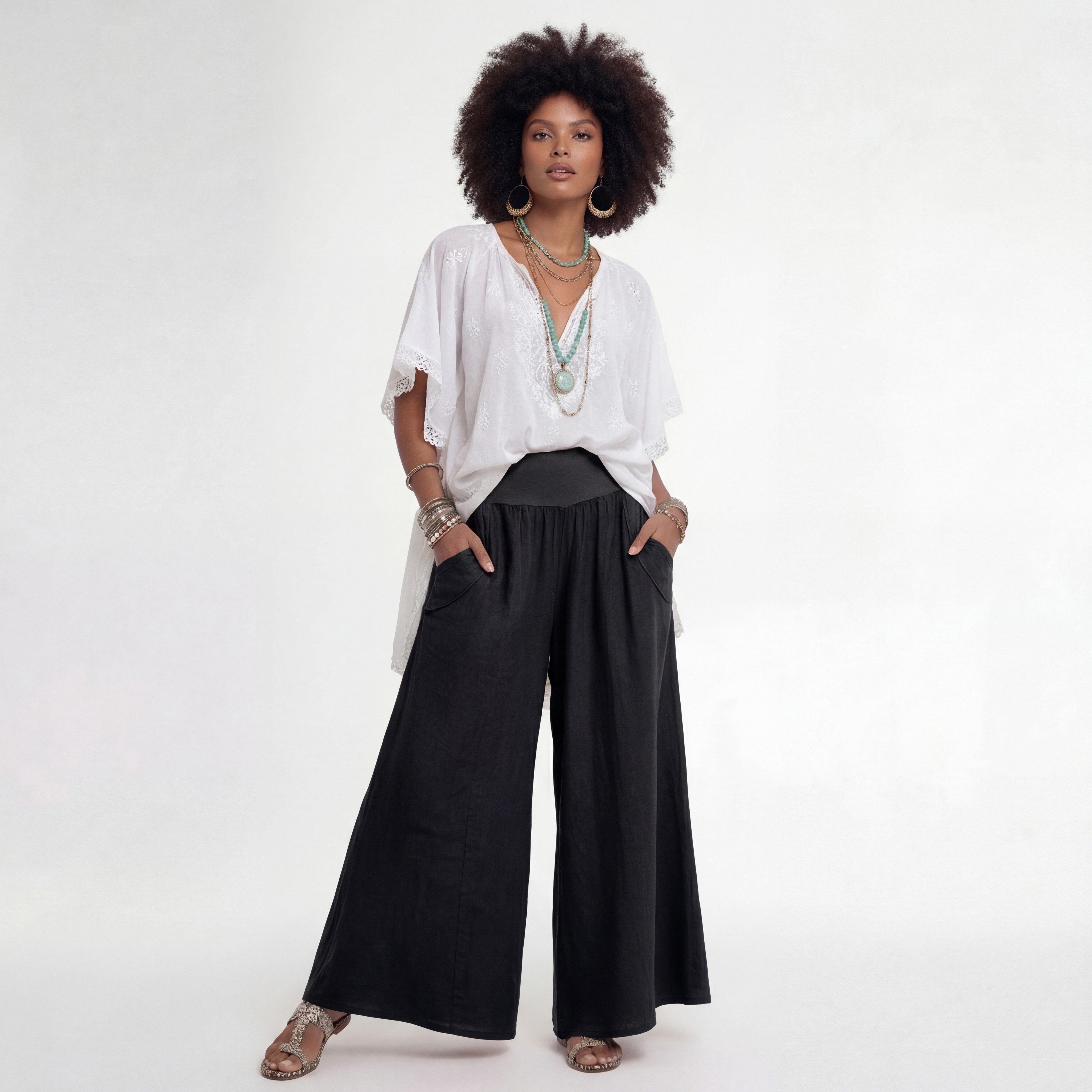 YC Fashion & Style Leinenhose Palazzo Hose weit – Sommerhose mit elastischem Bund und Taschen in Unifarbe