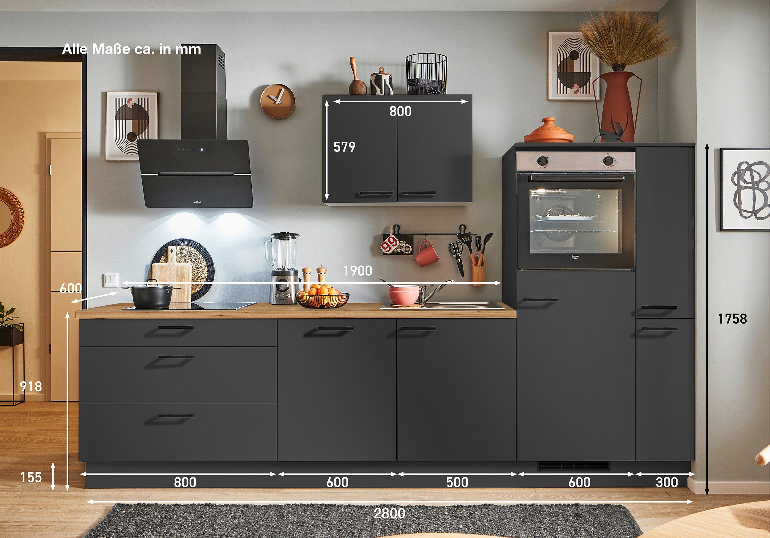 pino Küchenzeile Stockholm, individuell anpassbar, gratis Küchenplanung mit Profis, (Breite 280cm), vormontiert, wahlw. mit E-Geräten, Preis inkl. Lieferung