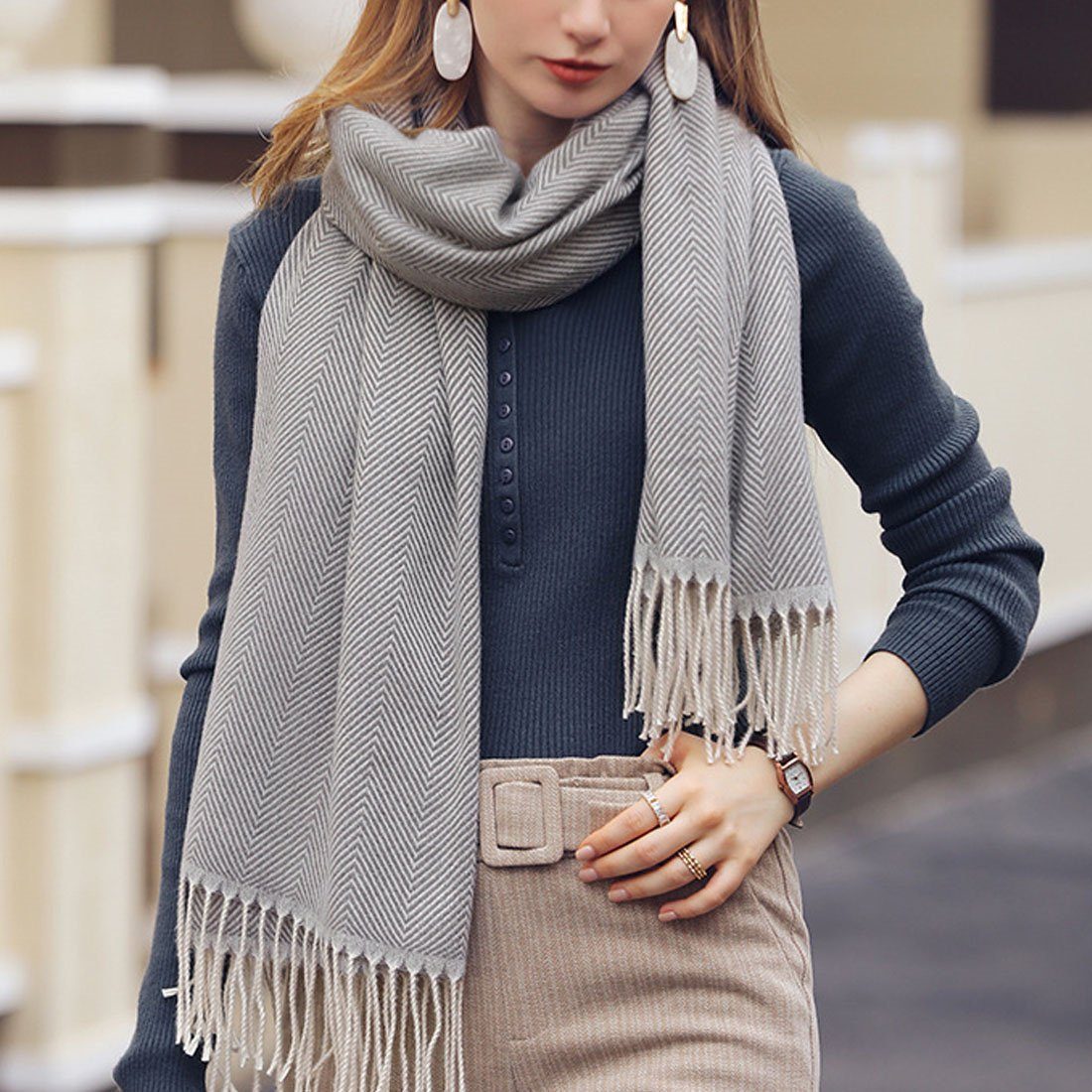 Modeschal Quaste, Schal dicker,warmer Grau Vintage-Look DÖRÖY im mit Damenschal Gestreifter