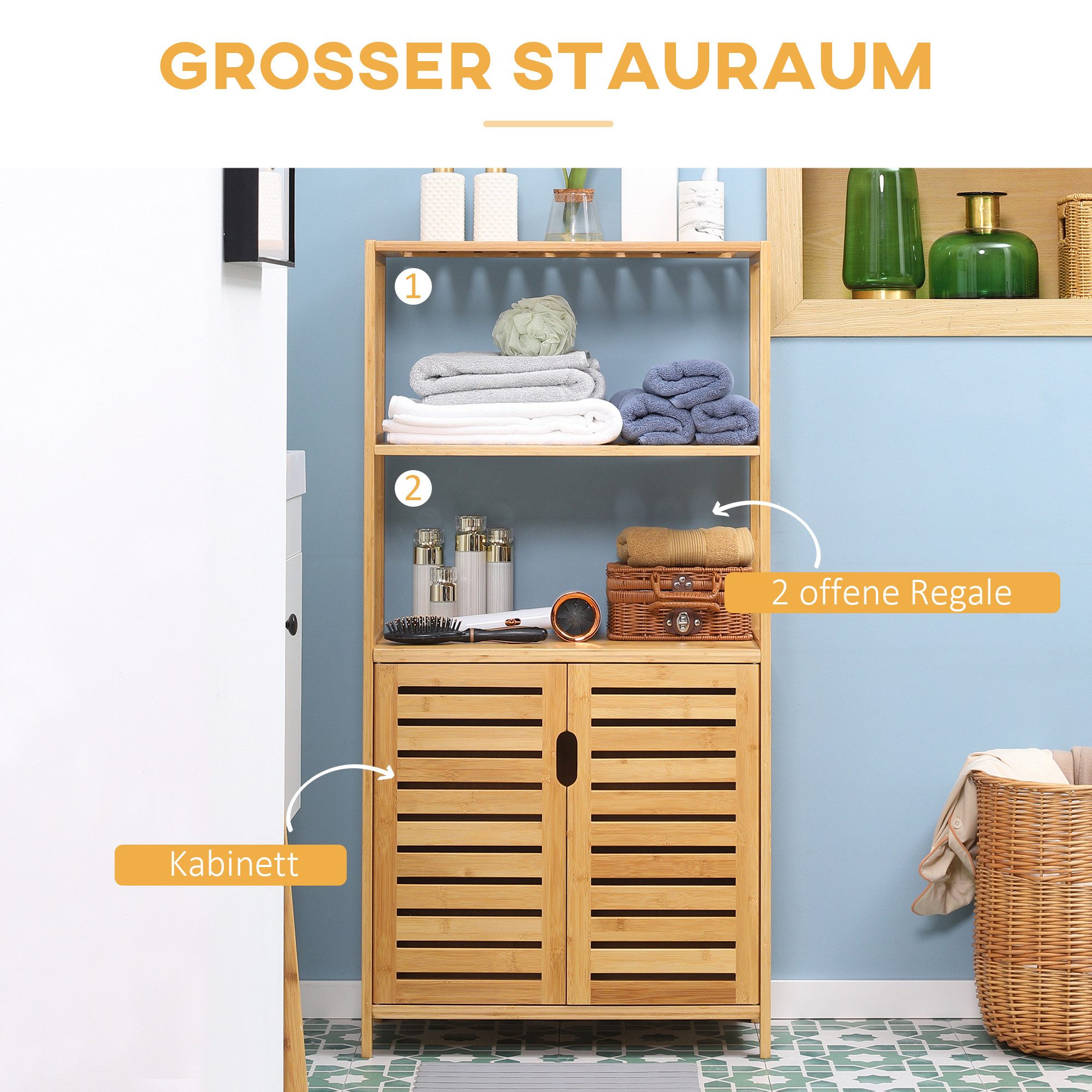 Kleankin Badkommode Küchen-/Aufbewahrungsschrank, 2 Lamellentüren, 2 offene Fächer (Badezimmerschrank aus Bambus, 1 St., Badschrank), für Badezimmer, Wohnzimmer – Bild 4 von 5