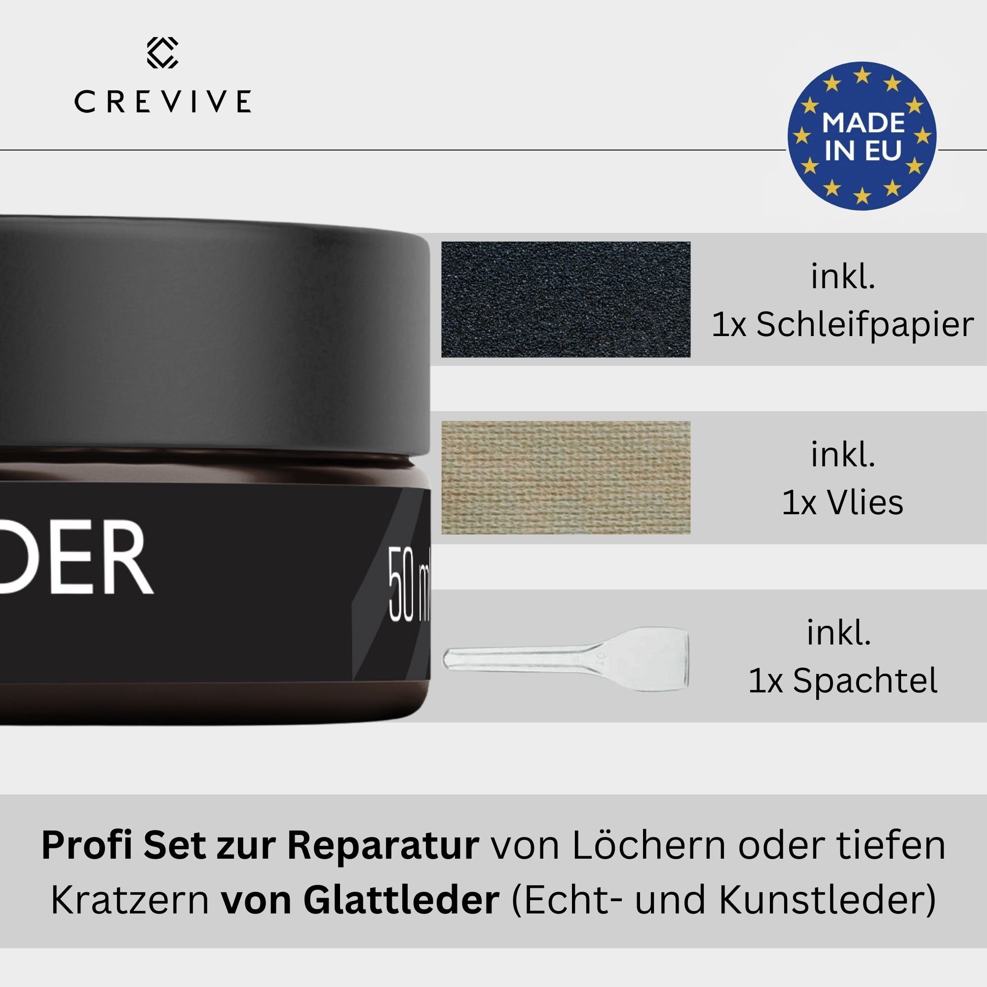 CREVIVE Flüssigleder 50 ml + Lederreiniger 250 ml Lederpflegeset (SPARSET 7-teilig, Lederreparatur, sehr ergiebig), Leder Reparatur Set, Kunstleder Reparaturset, für Sofa, Couch, Auto