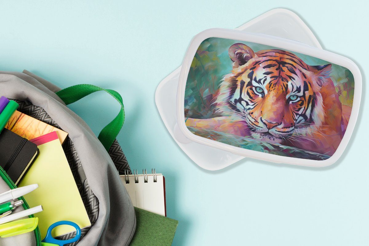 MuchoWow Lunchbox Tiger - Ölfarbe für Mädchen Kunststoff, Erwachsene, (2-tlg), Tiere und Kinder für Jungs - weiß - Brotbox Kunst, und Brotdose