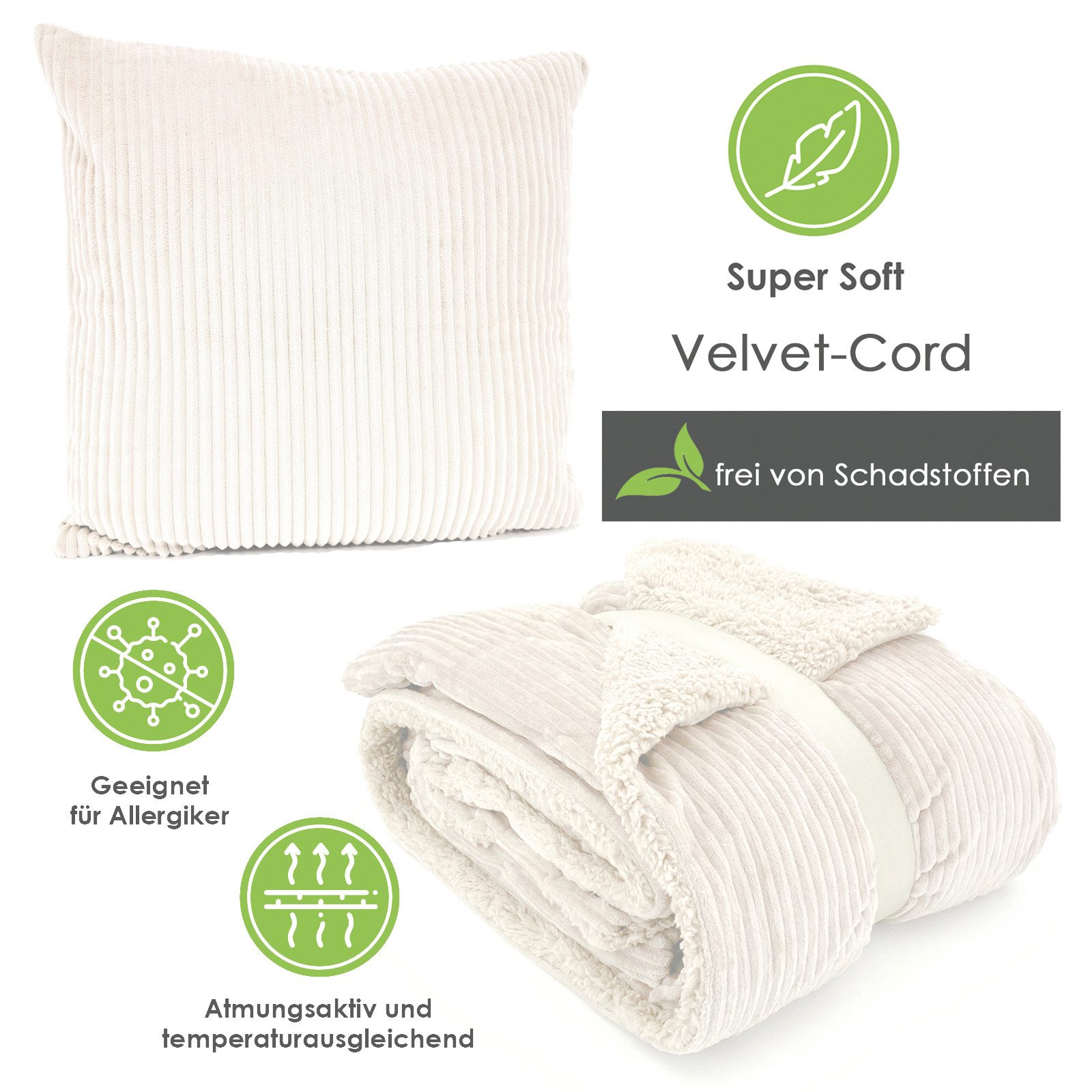 heimtexland Dekokissen Super Soft Cord Kissenbezug Sofakissen Kissenhülle, 45x45 I weich und flauschig I Kuschelkissen Kord I creme – Bild 2 von 5