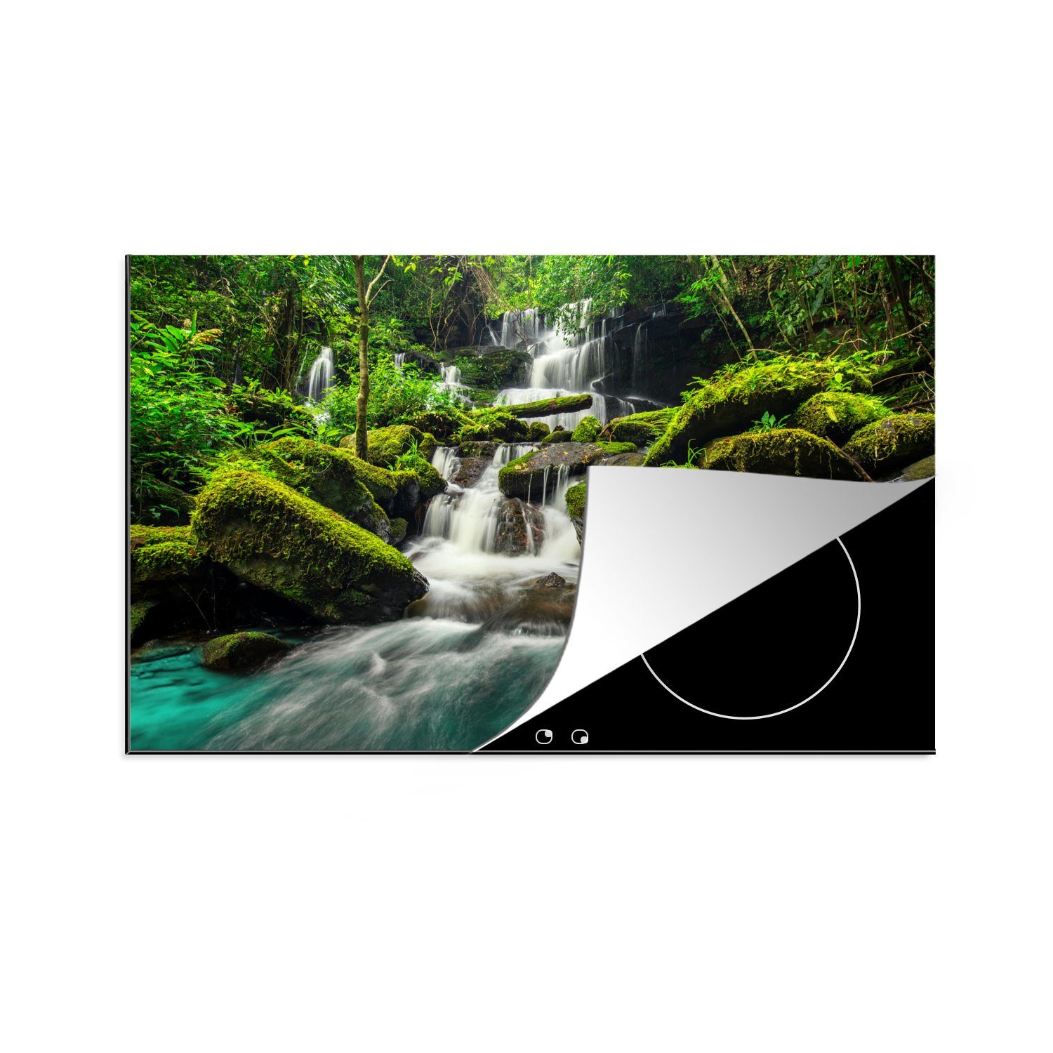 MuchoWow Herdblende-/Abdeckplatte Wasserfall - Tropisch - Regenwald, Vinyl, (1 tlg), 81x52 cm, Induktionskochfeld Schutz für die küche, Ceranfeldabdeckung