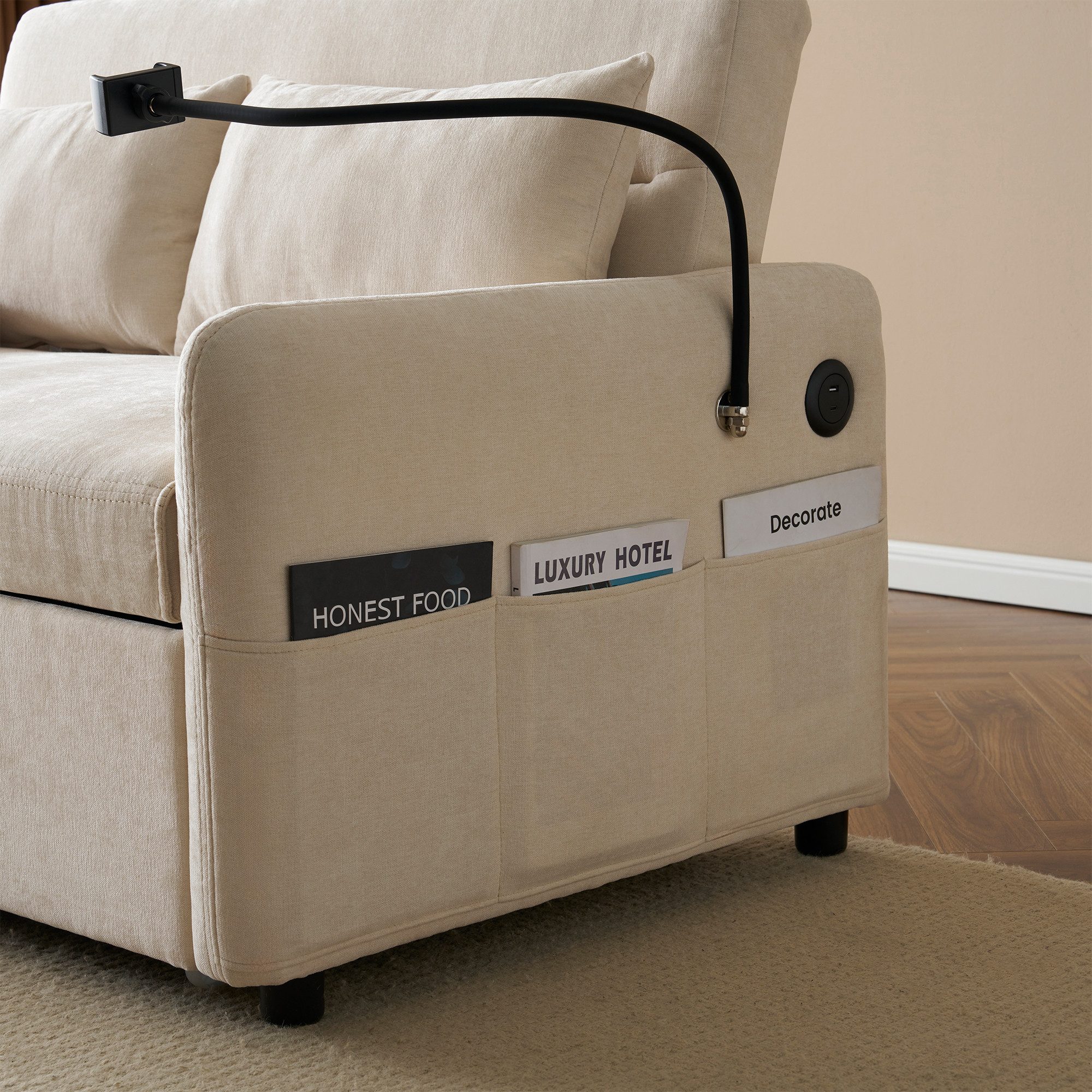 OKWISH Sofa Vielseitiges Doppel-Klappschlafsofa, Küchensofa Kindersofa Loungesofa, mit USB-Ladeanschluss, Handyhalter und verstellbarer Rückenlehne, Ideal für Wohnzimmer, Schlafzimmer und Heimkino