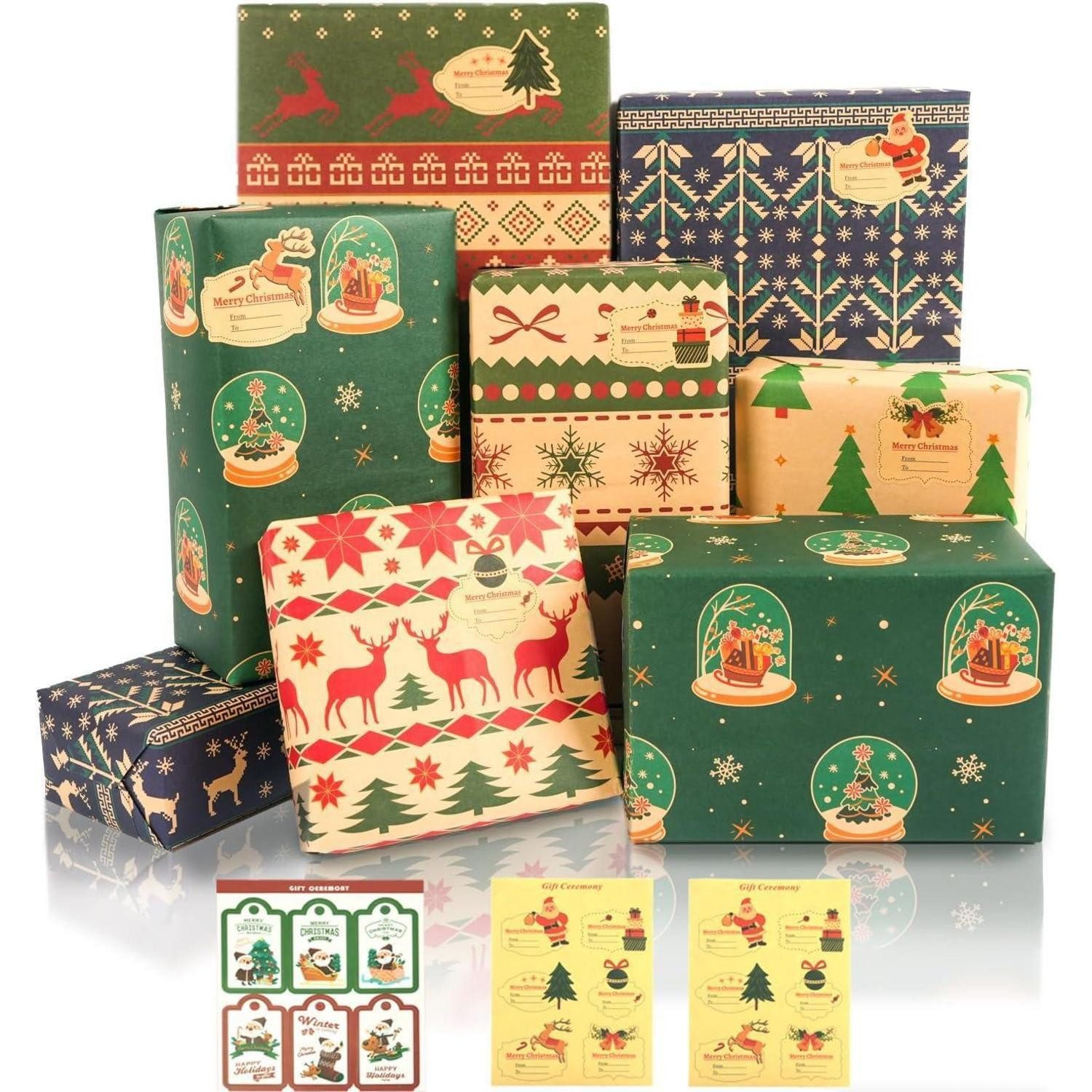 Geschenkpapier Weihnachten Geschenkpapier Set Retro Kraftpapier 6 Blatt 76x50cm mit