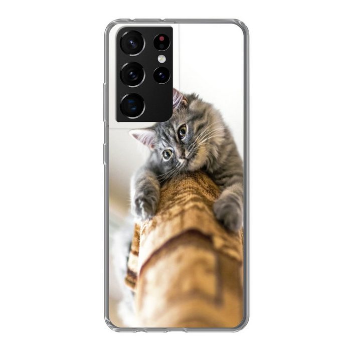 MuchoWow Handyhülle Katze - Kratzbaum - Grau Phone Case Handyhülle Samsung Galaxy S21 Ultra Silikon Schutzhülle